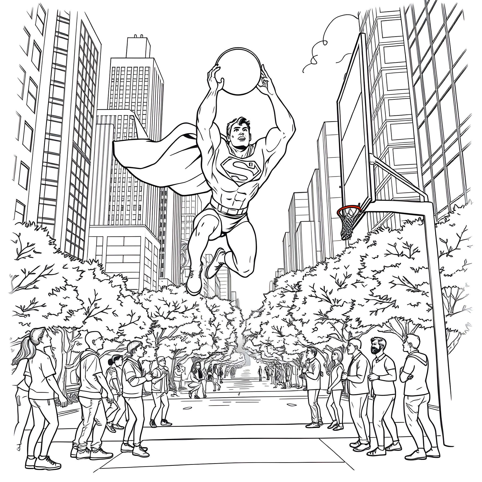 Superman soaring over the city streets Coloring Page (free black-and-white line drawing printable PDF for all, from beginners to advanced learners, including children, teens, adults, and seniors)