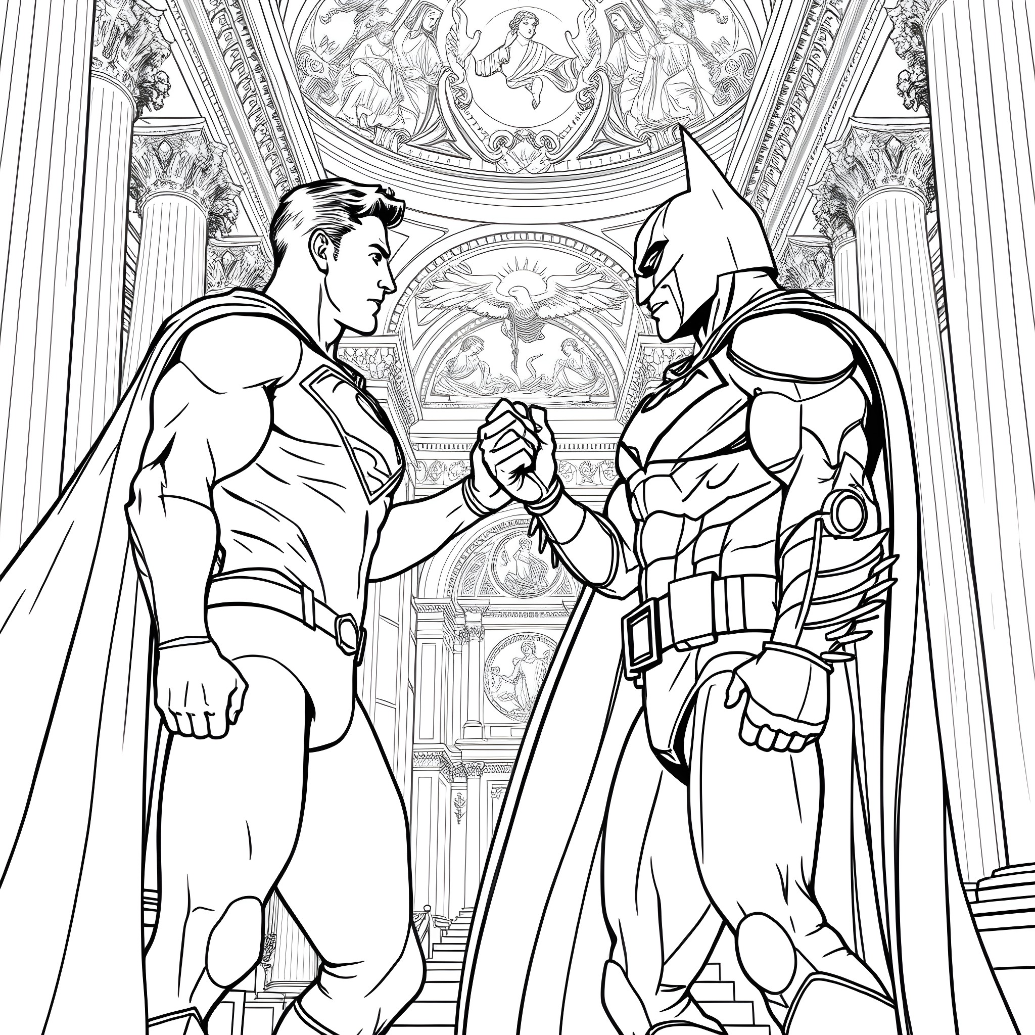 Superman and Batman shaking hands in ornate palace Coloring Page (free black-and-white line drawing printable PDF for all, from beginners to advanced learners, including children, teens, adults, and seniors)