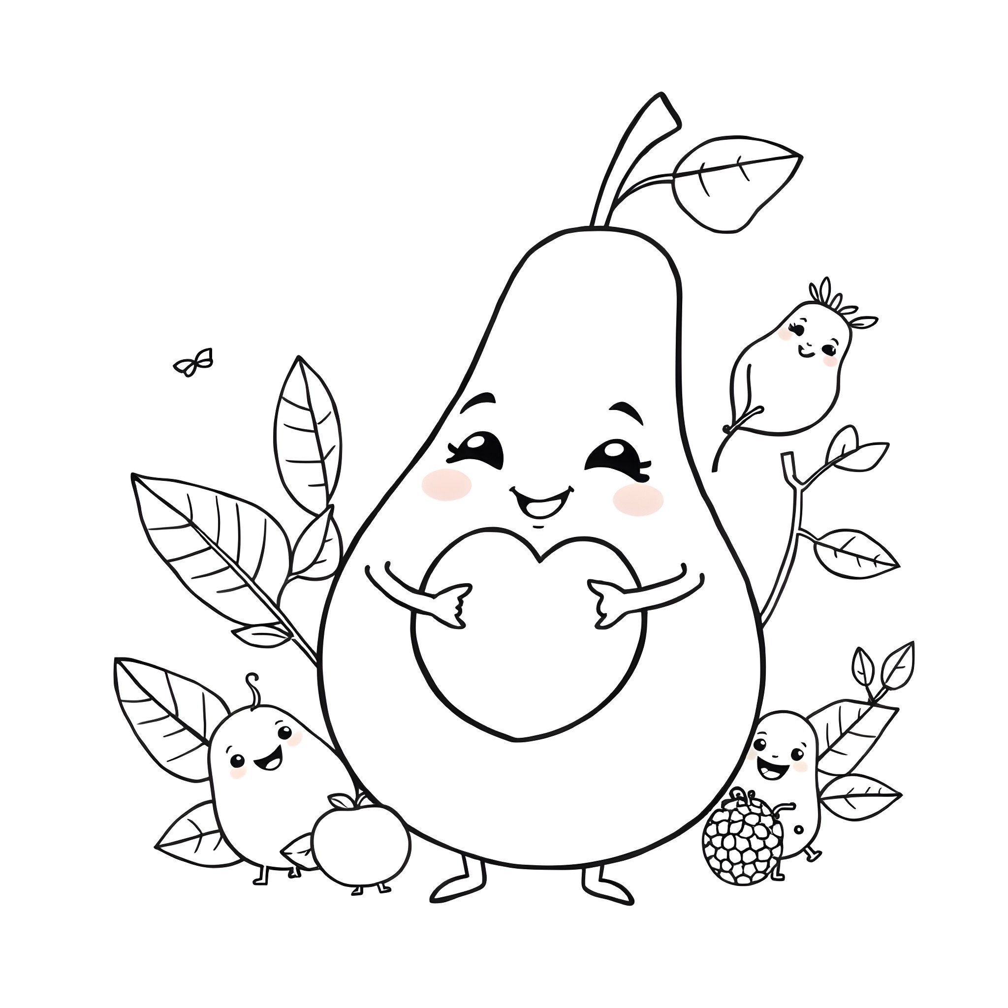 Avocado with fruit friends in a whimsical scene Coloring Page (free black-and-white line drawing printable PDF for all, from beginners to advanced learners, including children, teens, adults, and seniors)