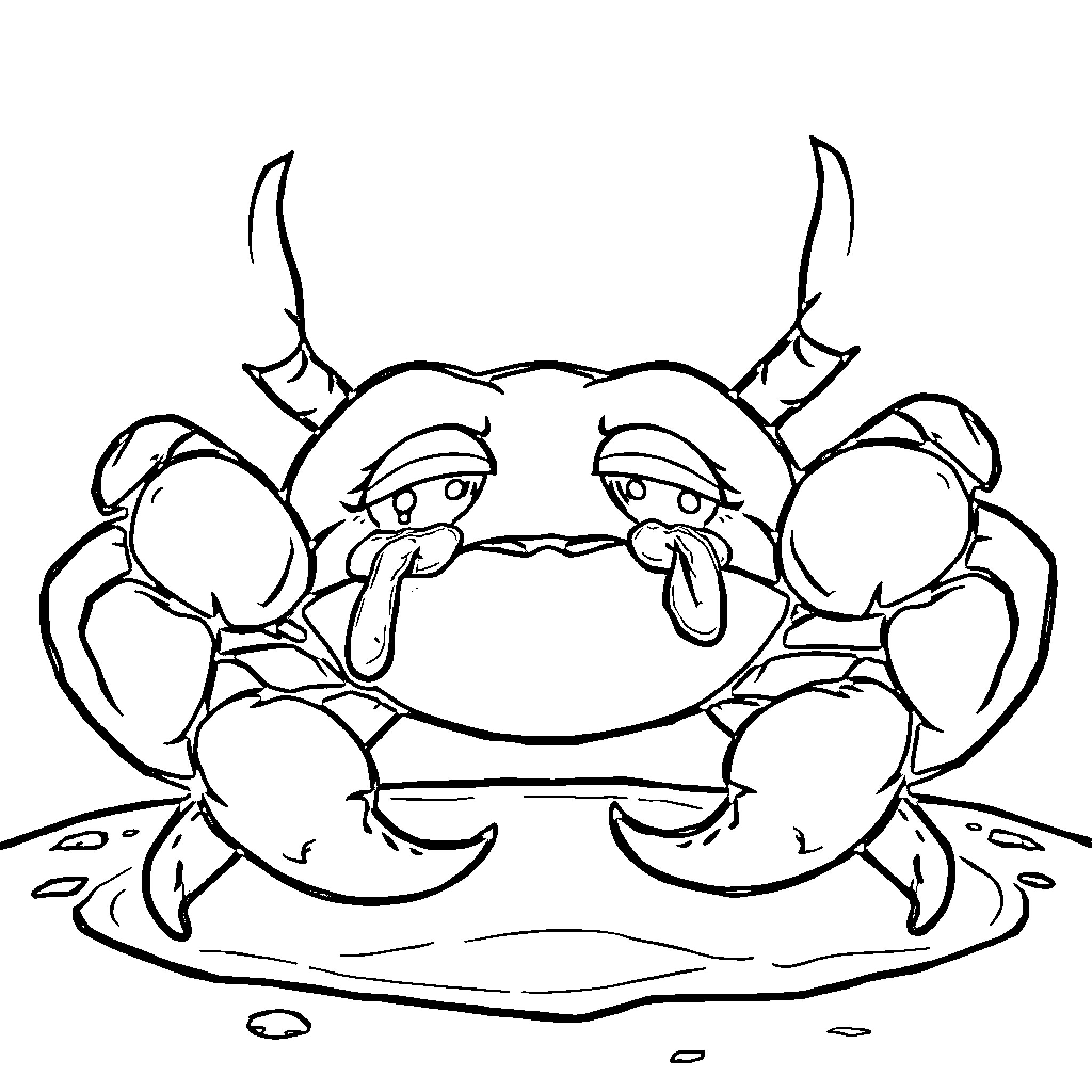 Crab with cheerful expression on sandy shore Coloring Page (free black-and-white line drawing printable PDF for all, from beginners to advanced learners, including children, teens, adults, and seniors)