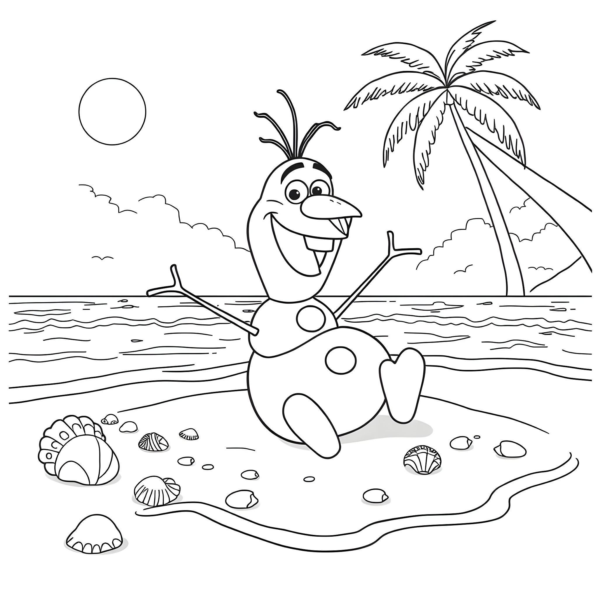 Olaf enjoying a sunny day at the beach Coloring Page (free black-and-white line drawing printable PDF for all, from beginners to advanced learners, including children, teens, adults, and seniors)