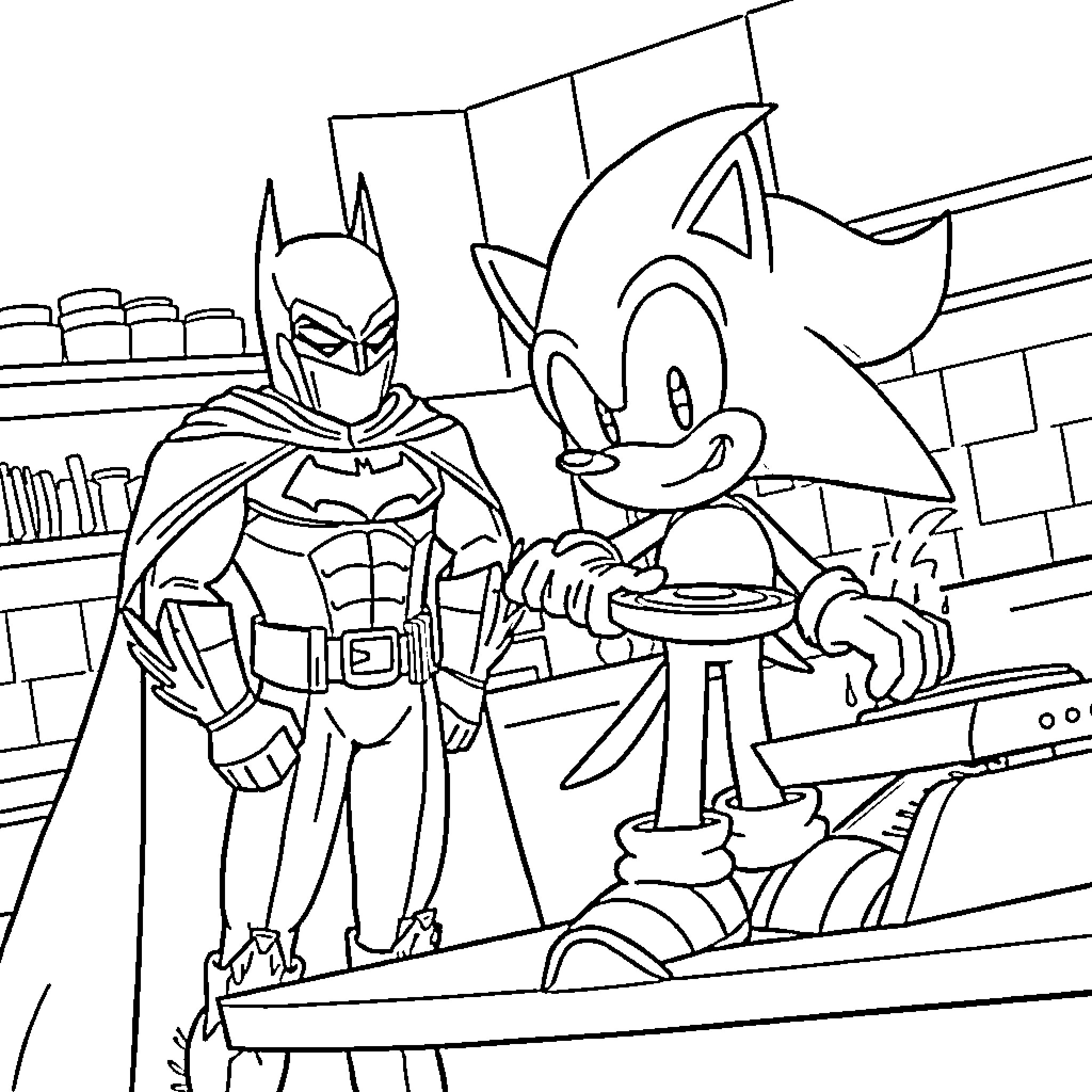 Batman and Sonic the Hedgehog in action-packed adventure Coloring Page (free black-and-white line drawing printable PDF for all, from beginners to advanced learners, including children, teens, adults, and seniors)