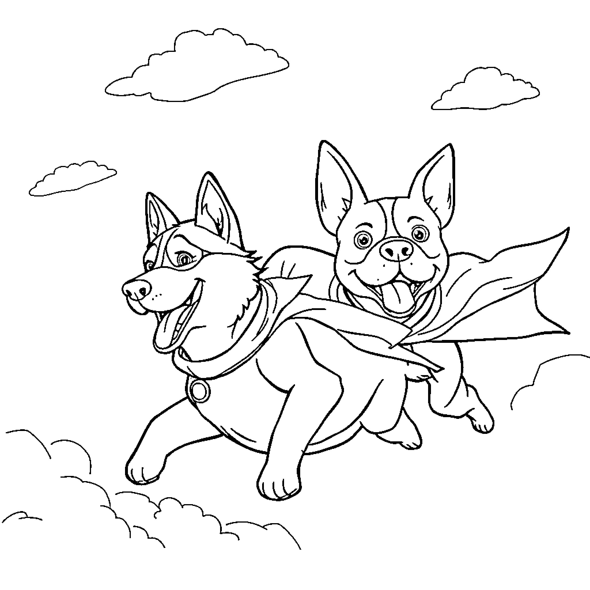 Husky dogs playing happily in the clouds Coloring Page (free black-and-white line drawing printable PDF for all, from beginners to advanced learners, including children, teens, adults, and seniors)