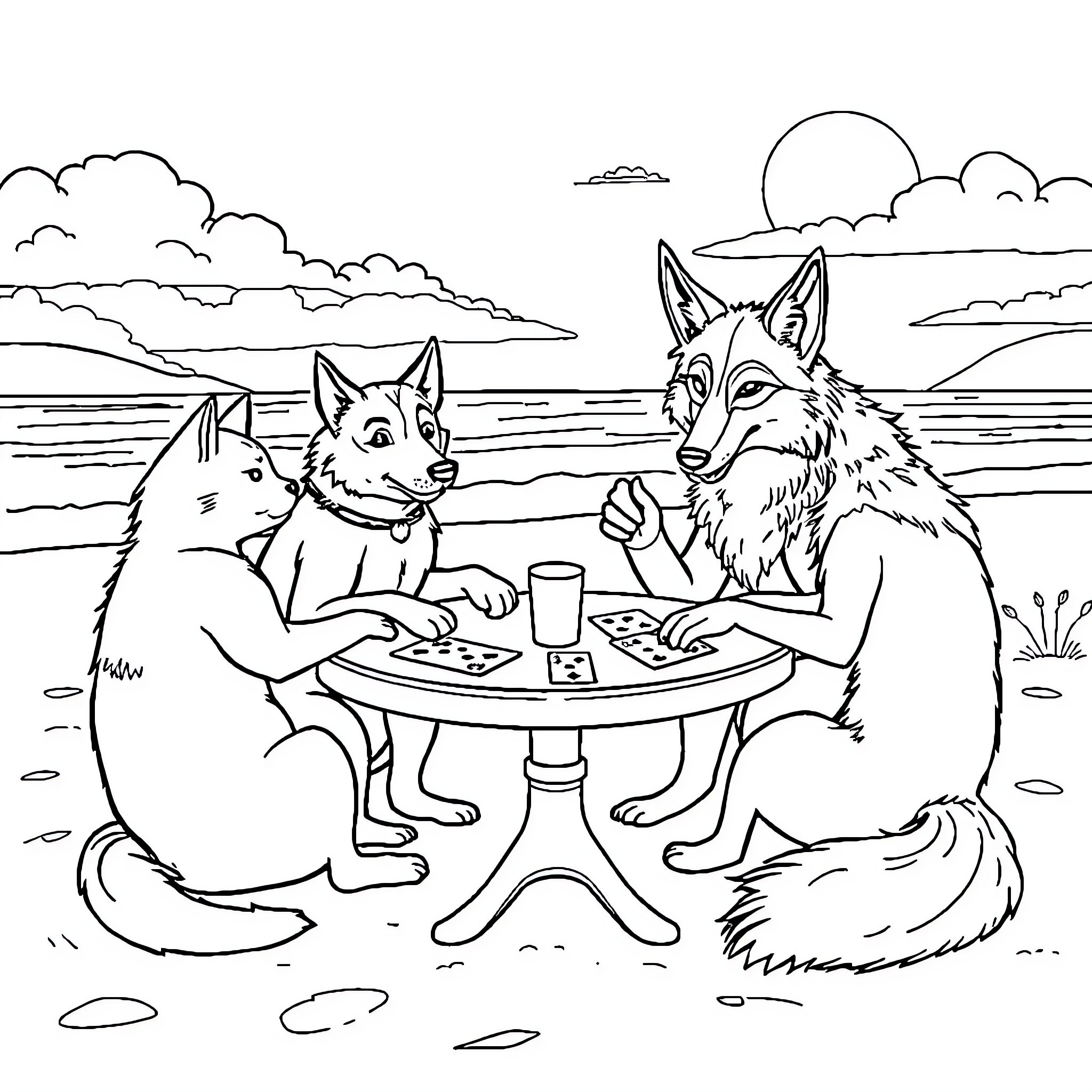 Animals Enjoying a Game by the Lake Coloring Page (free black-and-white line drawing printable PDF for all, from beginners to advanced learners, including children, teens, adults, and seniors)