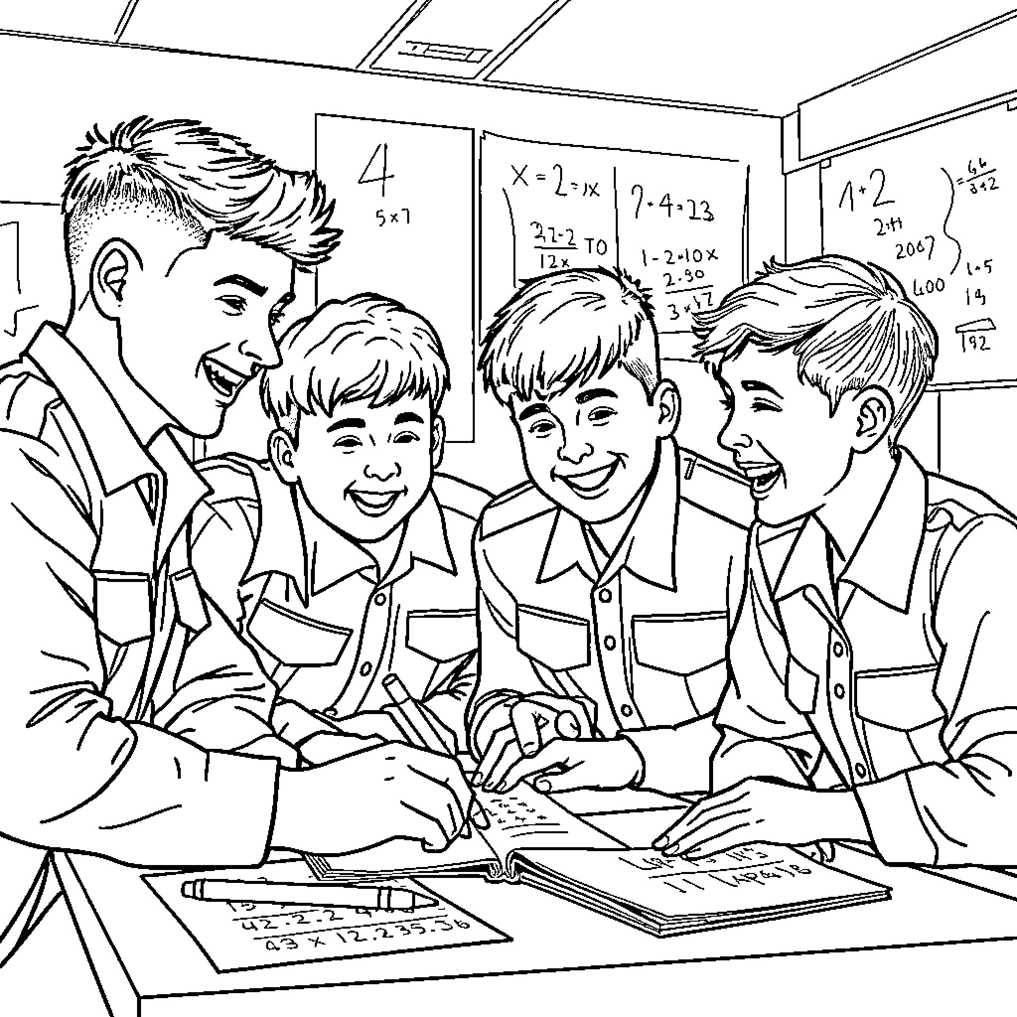 Teenagers Engaging in Group Learning at School Coloring Page (free black-and-white line drawing printable PDF for all, from beginners to advanced learners, including children, teens, adults, and seniors)