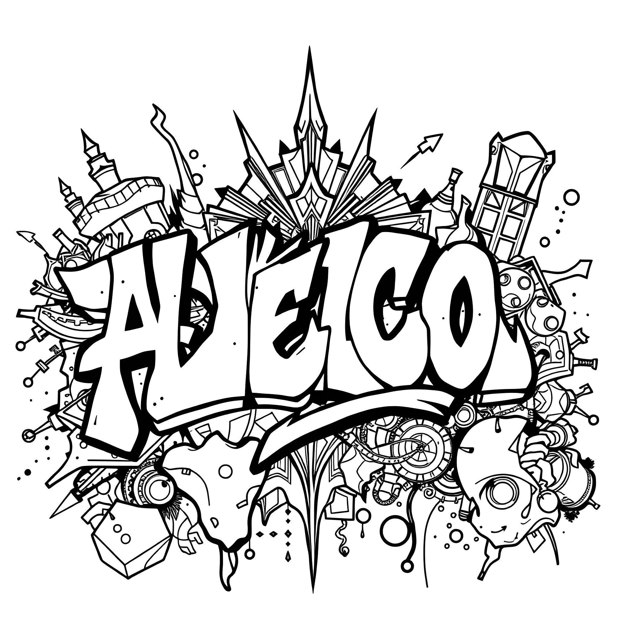 Text depicting stylized abstract design Coloring Page (free black-and-white line drawing printable PDF for all, from beginners to advanced learners, including children, teens, adults, and seniors)