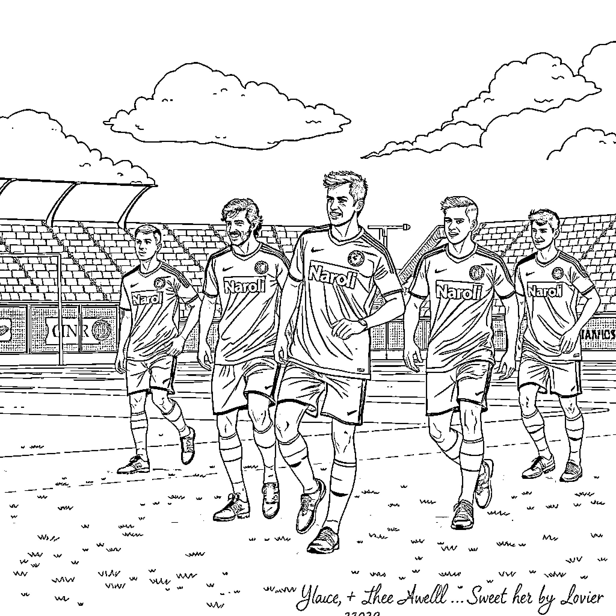Napoli soccer players walking onto the field Coloring Page (free black-and-white line drawing printable PDF for all, from beginners to advanced learners, including children, teens, adults, and seniors)