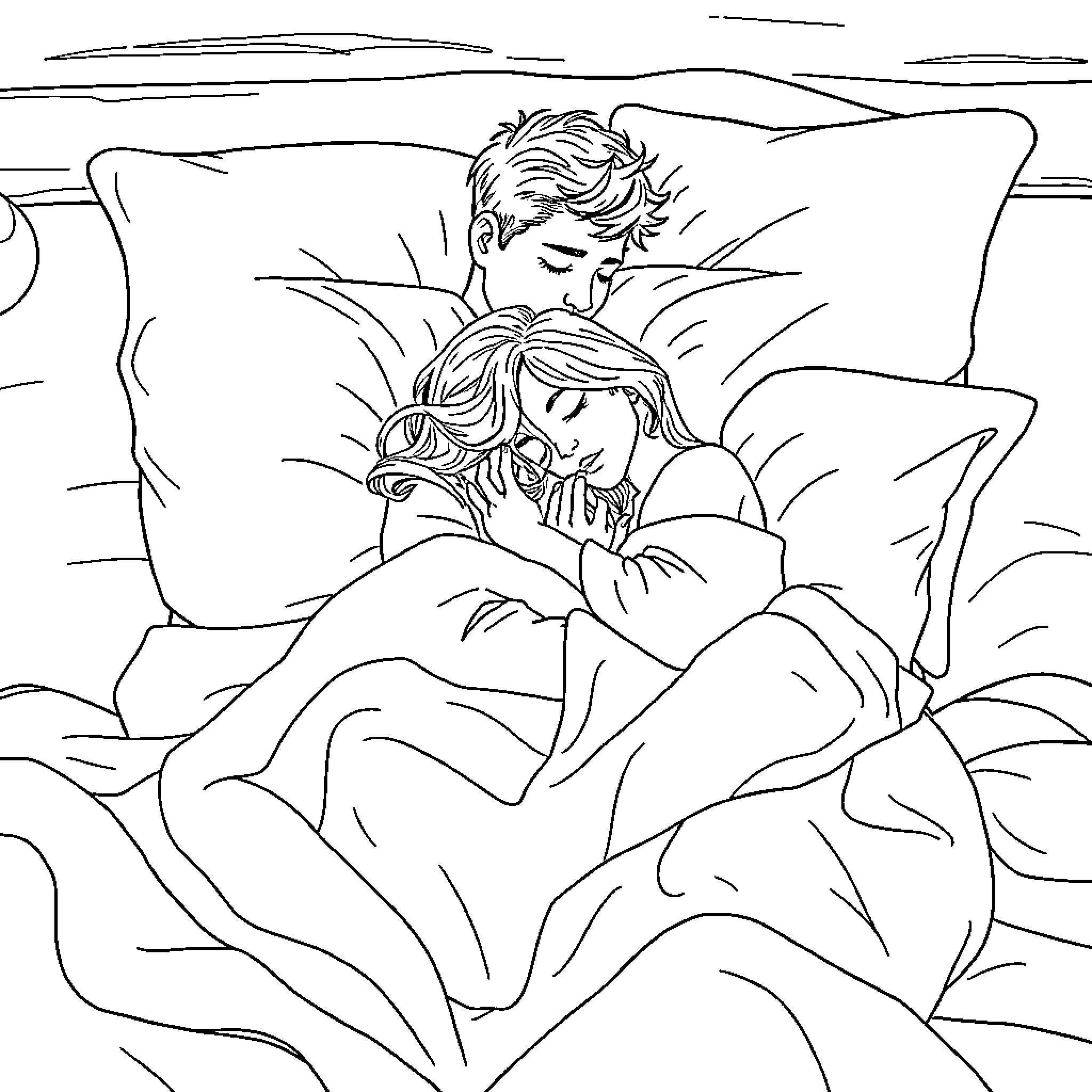 Couple cuddling intimately on the bed Coloring Page (free black-and-white line drawing printable PDF for all, from beginners to advanced learners, including children, teens, adults, and seniors)