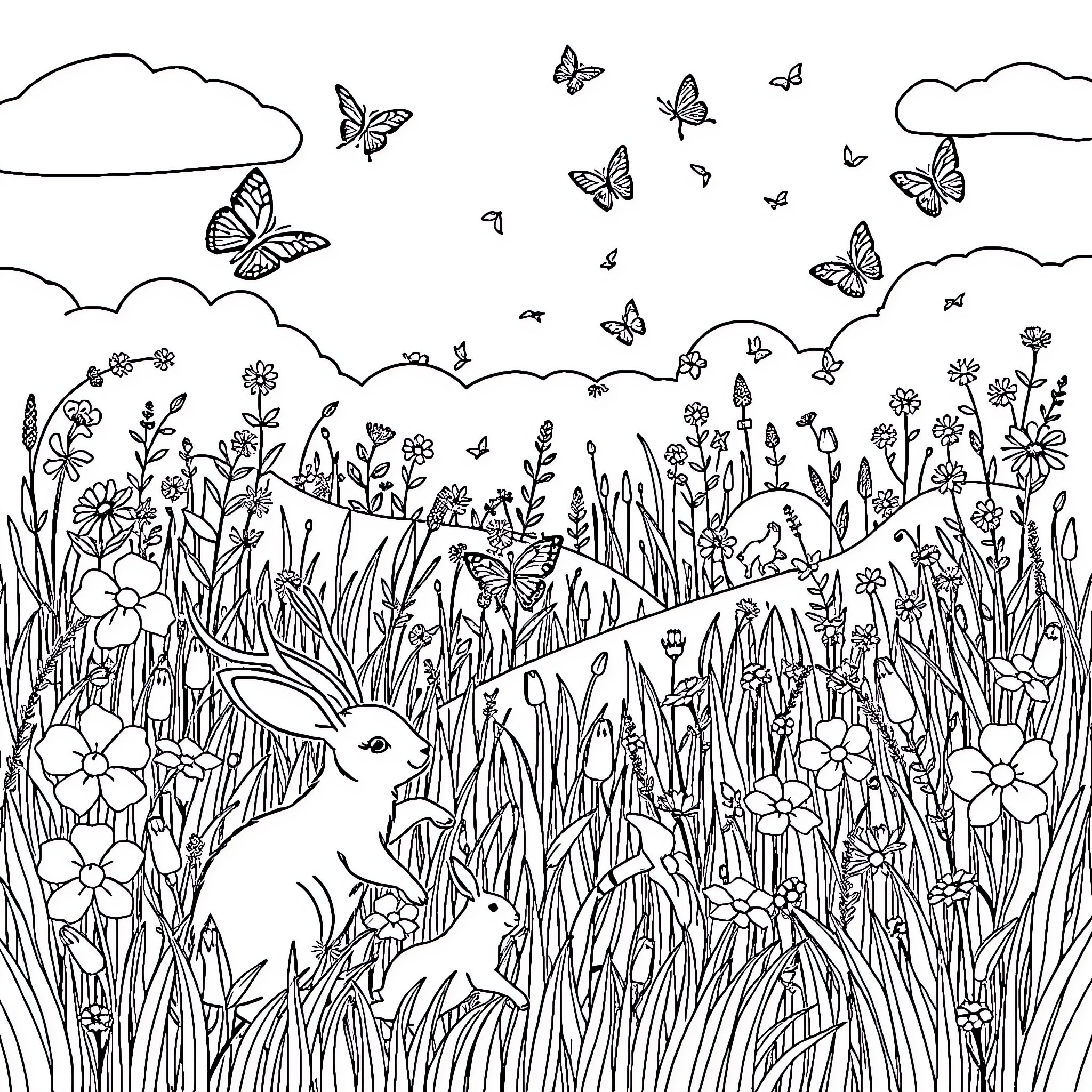 Flower meadow filled with rabbits and butterflies Coloring Page (free black-and-white line drawing printable PDF for all, from beginners to advanced learners, including children, teens, adults, and seniors)