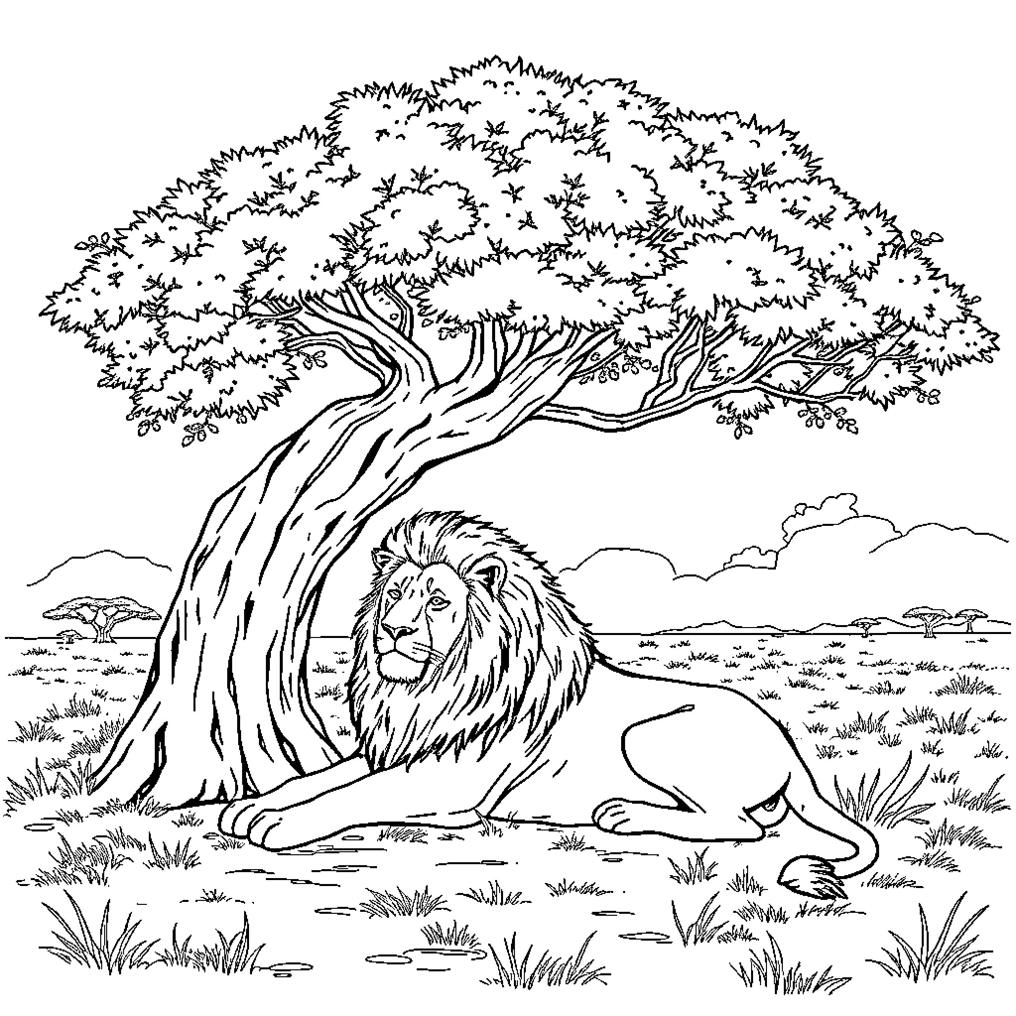 Lion relaxing under a large tree in the savanna Coloring Page (free black-and-white line drawing printable PDF for all, from beginners to advanced learners, including children, teens, adults, and seniors)