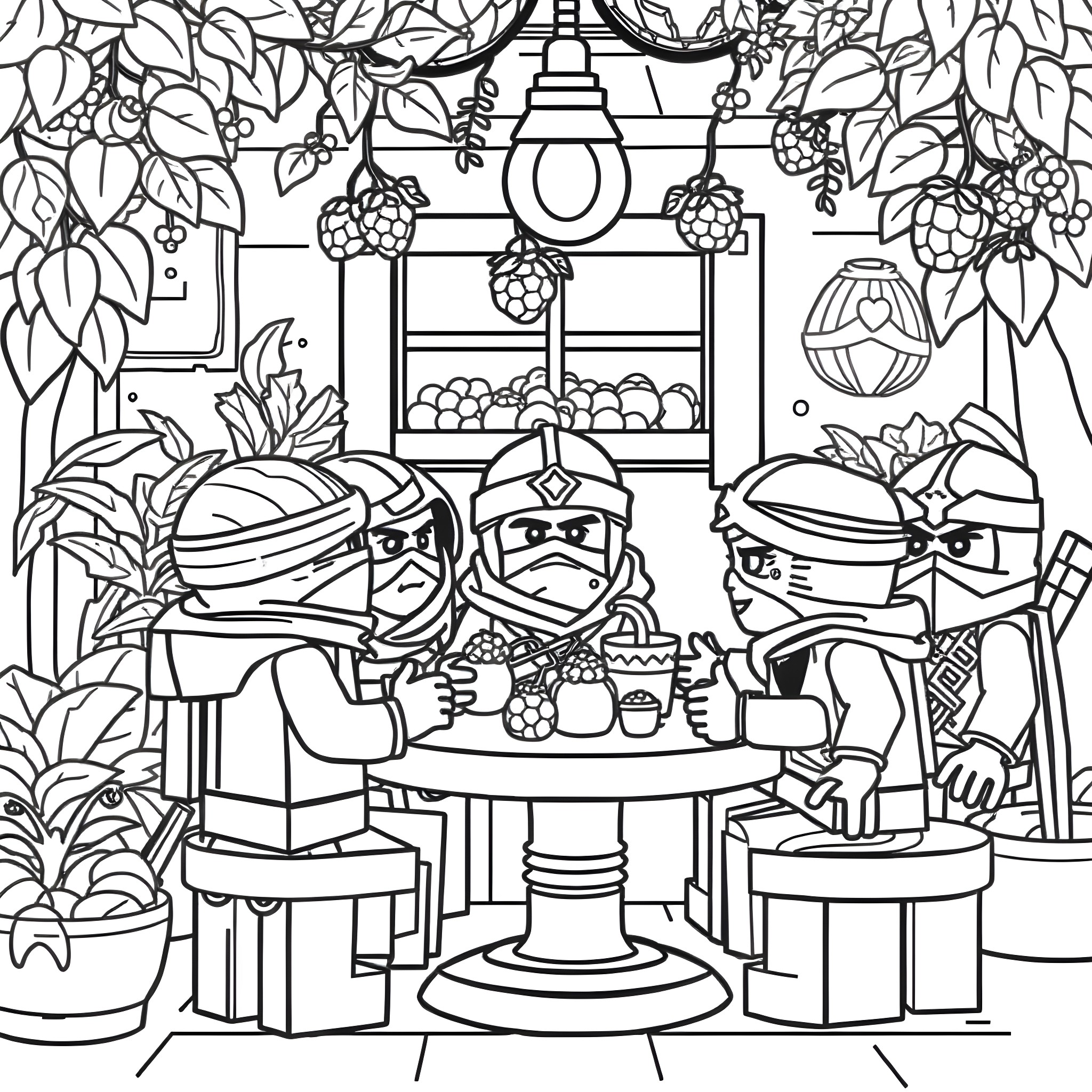 Ninjago Ninjas Enjoying Feast in Lush Garden Coloring Page (free black-and-white line drawing printable PDF for all, from beginners to advanced learners, including children, teens, adults, and seniors)