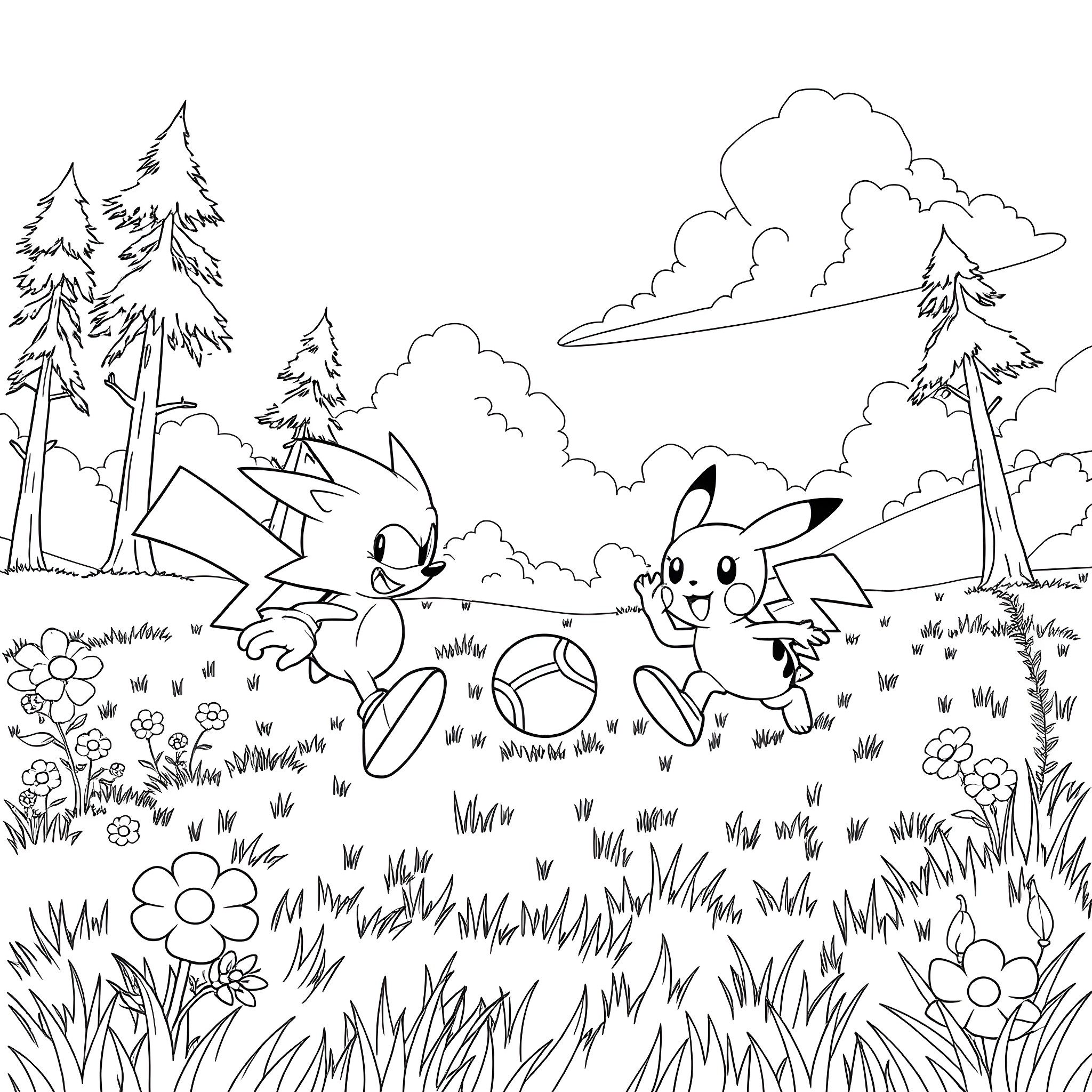 Sonic characters frolicking in a forest landscape Coloring Page (free black-and-white line drawing printable PDF for all, from beginners to advanced learners, including children, teens, adults, and seniors)