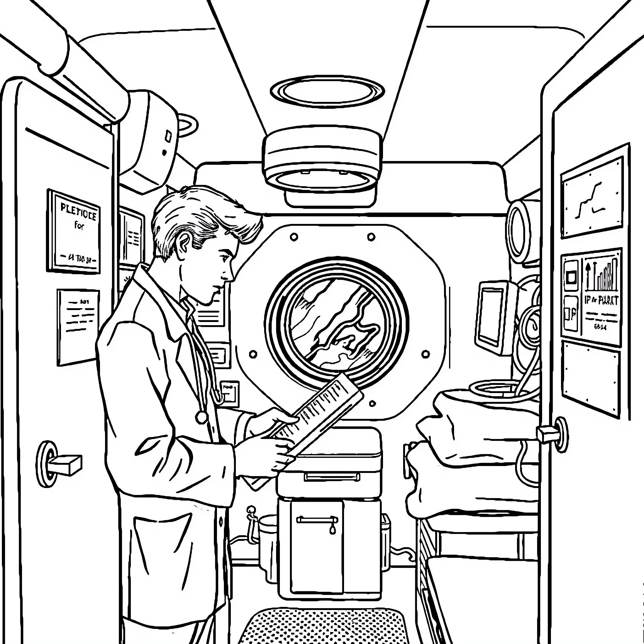 Physician Assistant Examining Patient in Medical Facility Coloring Page (free black-and-white line drawing printable PDF for all, from beginners to advanced learners, including children, teens, adults, and seniors)