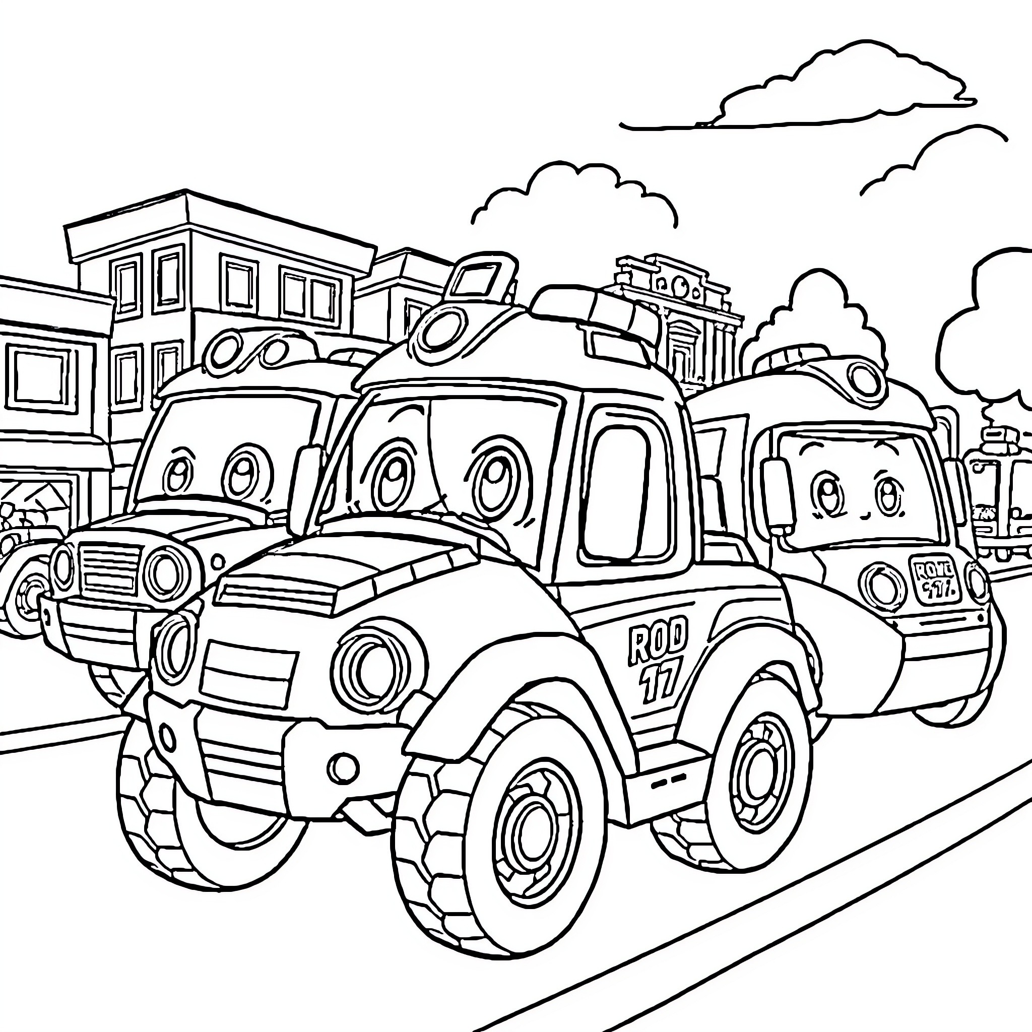 Robocar Poli rescue vehicle on patrol in the city Coloring Page (free black-and-white line drawing printable PDF for all, from beginners to advanced learners, including children, teens, adults, and seniors)