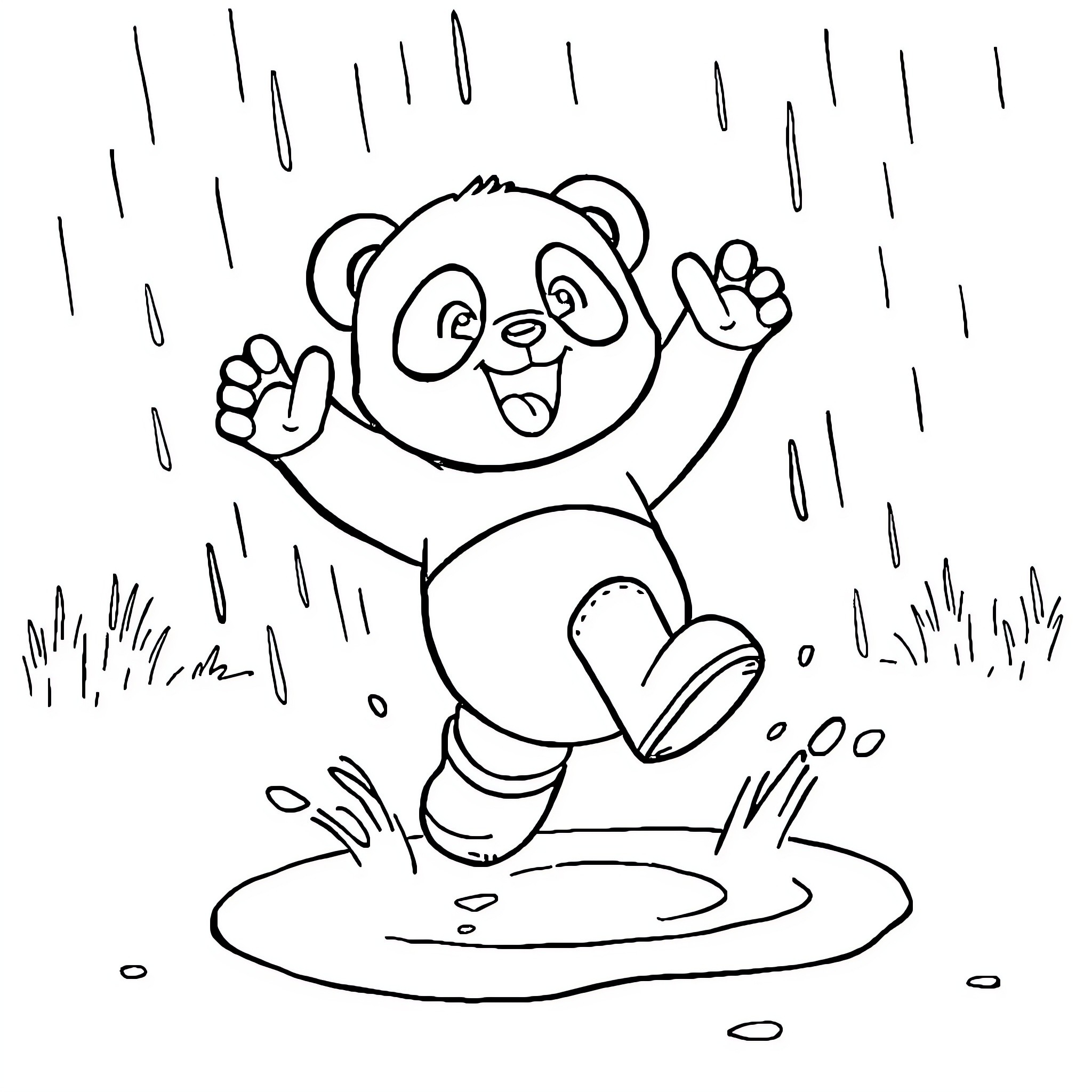 Panda playing joyfully in the rain Coloring Page (free black-and-white line drawing printable PDF for all, from beginners to advanced learners, including children, teens, adults, and seniors)
