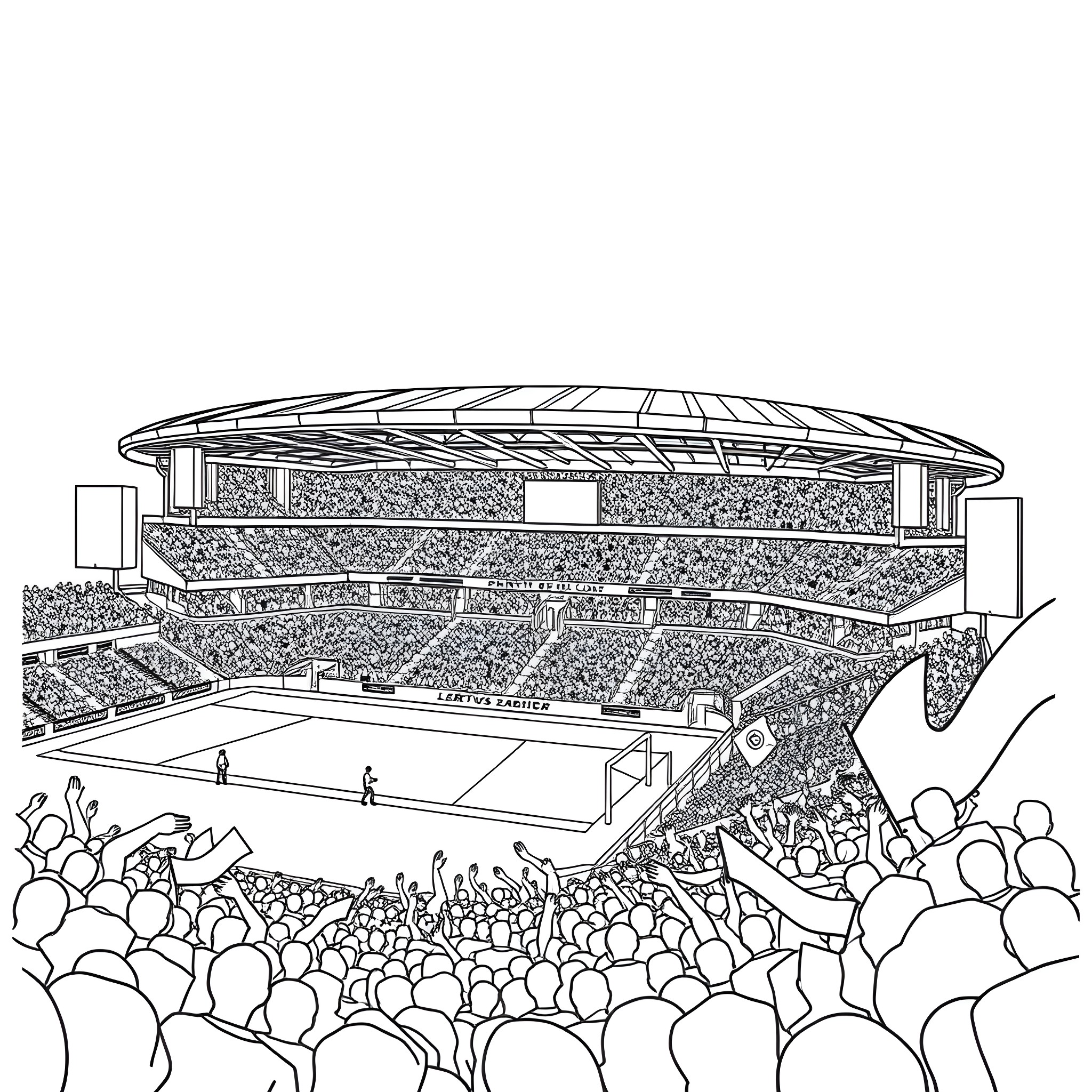 Loftus Road stadium filled with energetic crowd Coloring Page (free black-and-white line drawing printable PDF for all, from beginners to advanced learners, including children, teens, adults, and seniors)