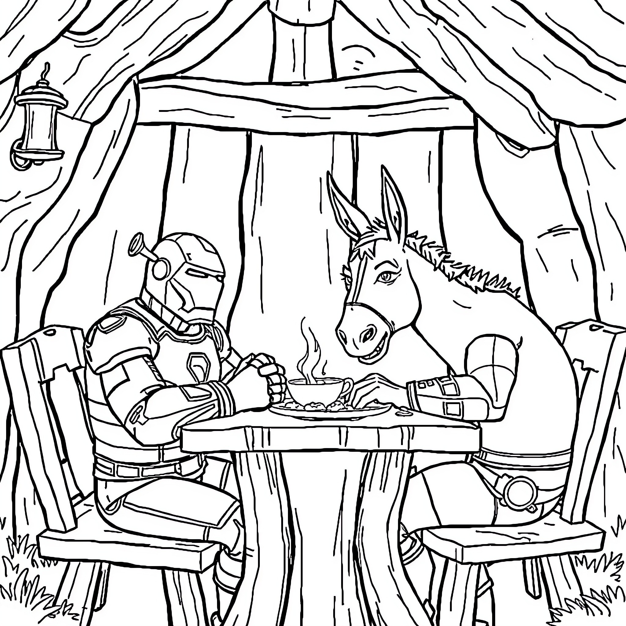 Iron Man sharing a meal with his loyal companion Coloring Page (free black-and-white line drawing printable PDF for all, from beginners to advanced learners, including children, teens, adults, and seniors)
