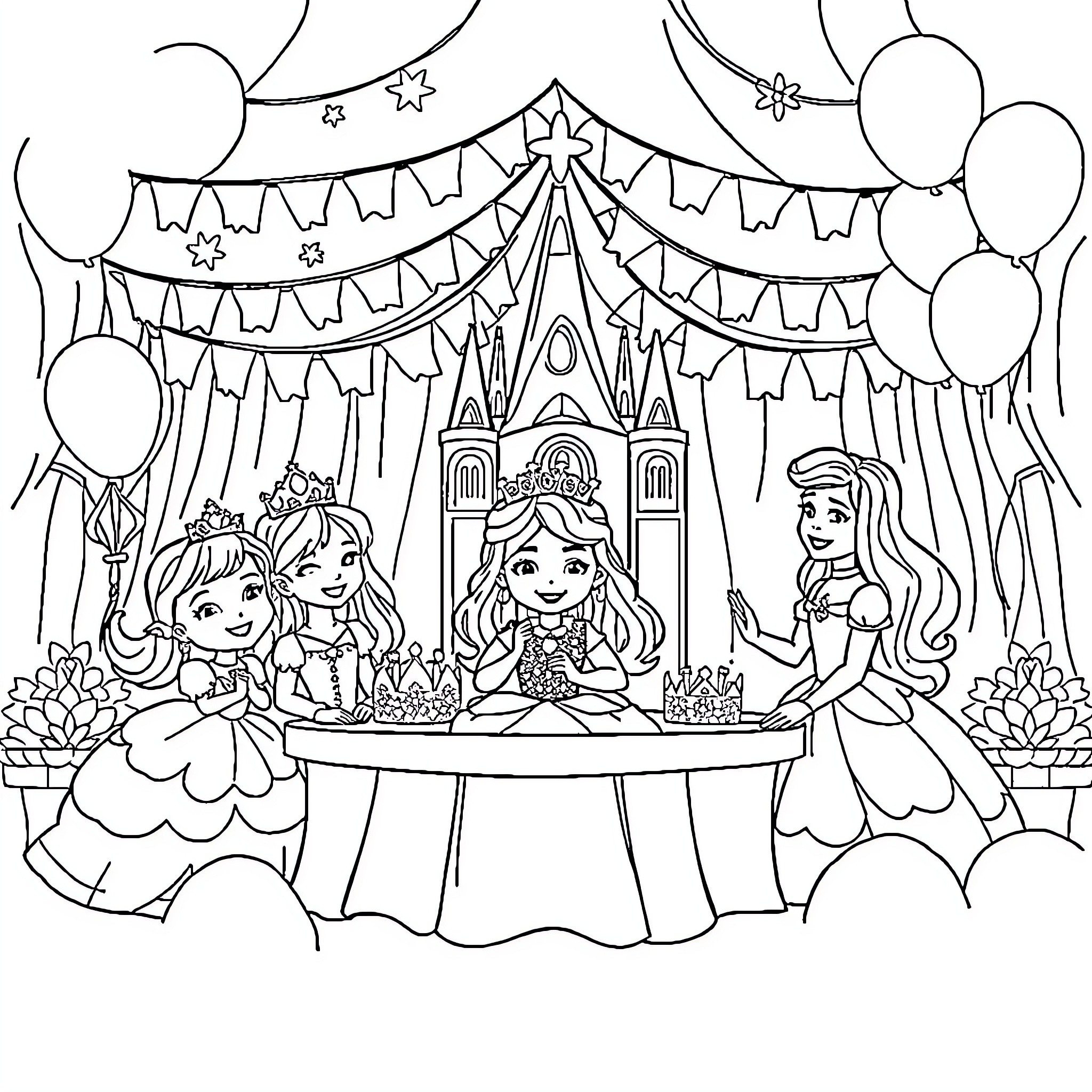 Princess Celebrating with Friends in Decorated Castle Coloring Page (free black-and-white line drawing printable PDF for all, from beginners to advanced learners, including children, teens, adults, and seniors)