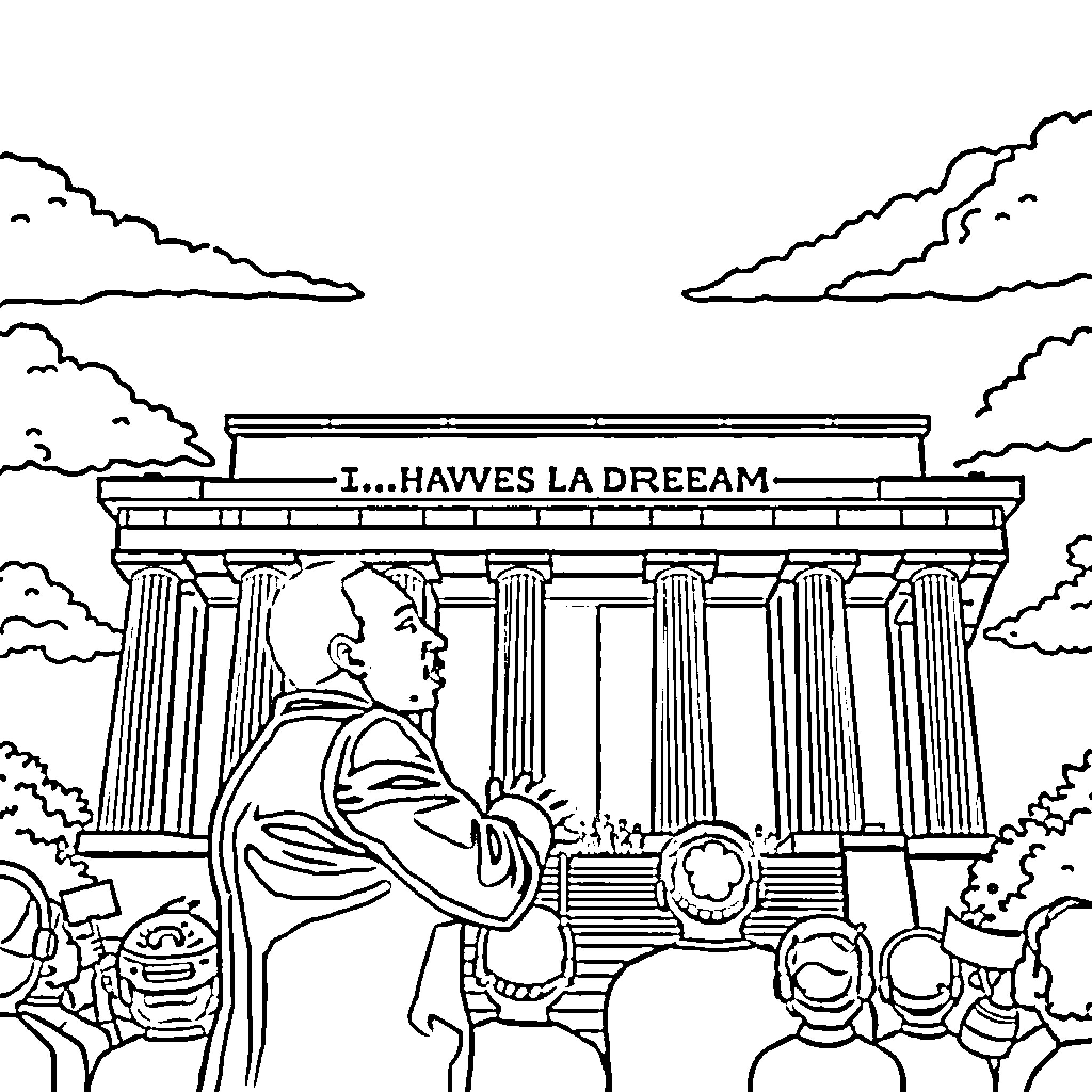 MLK Leading Civil Rights Movement March Coloring Page (free black-and-white line drawing printable PDF for all, from beginners to advanced learners, including children, teens, adults, and seniors)