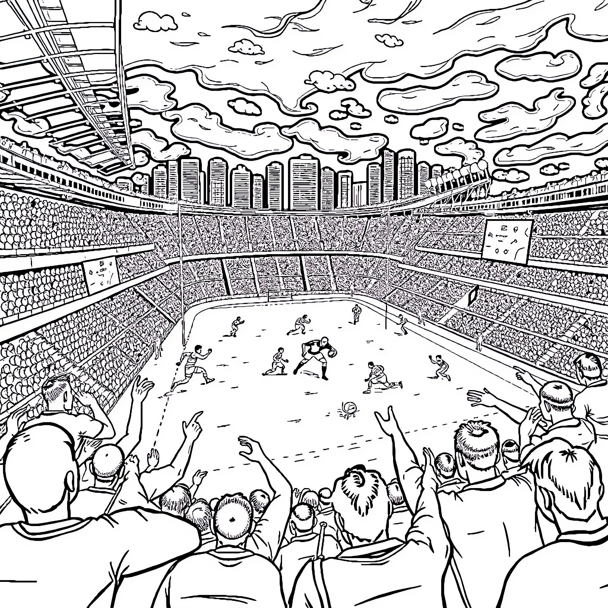 Rugby Players in an Action-Packed Stadium Scene Coloring Page (free black-and-white line drawing printable PDF for all, from beginners to advanced learners, including children, teens, adults, and seniors)