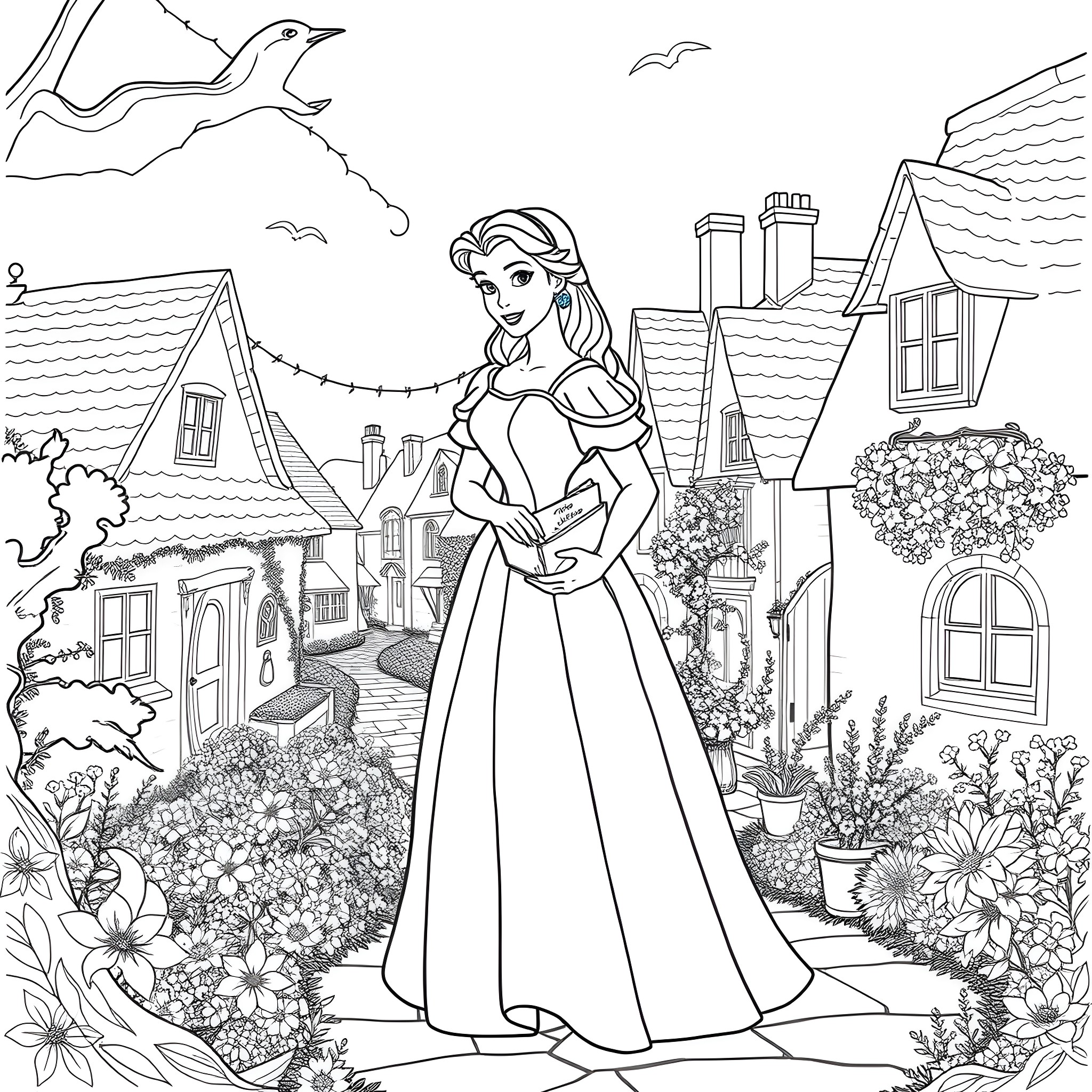 Belle admiring the quaint town in her countryside dress Coloring Page (free black-and-white line drawing printable PDF for all, from beginners to advanced learners, including children, teens, adults, and seniors)