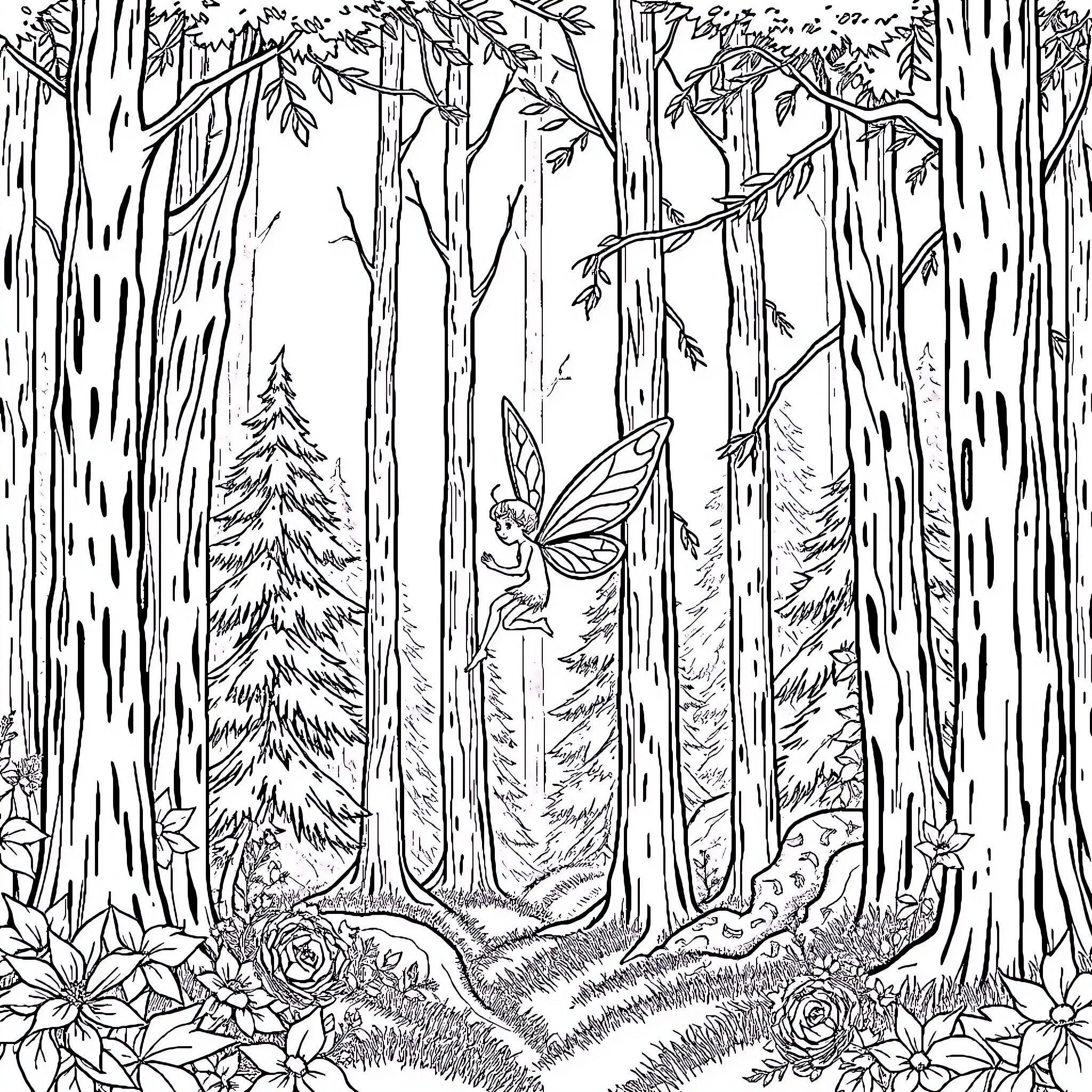 Fairy Playing in the Enchanted Forest Coloring Page (free black-and-white line drawing printable PDF for all, from beginners to advanced learners, including children, teens, adults, and seniors)