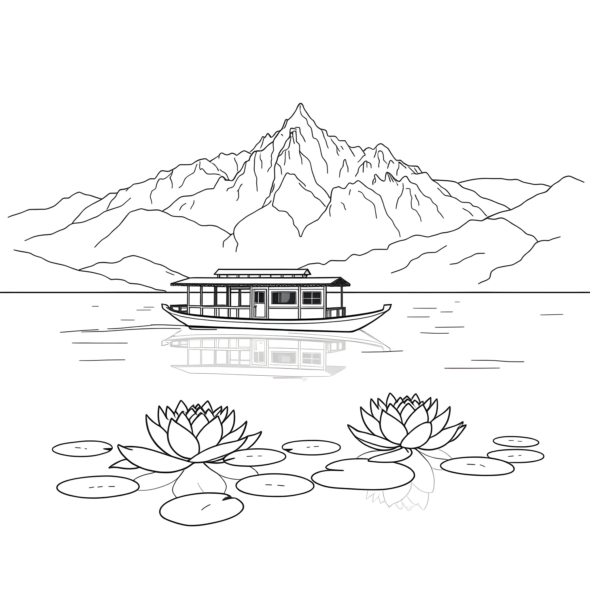House Boat Sailing on Serene Lake with Mountain Backdrop Coloring Page (free black-and-white line drawing printable PDF for all, from beginners to advanced learners, including children, teens, adults, and seniors)