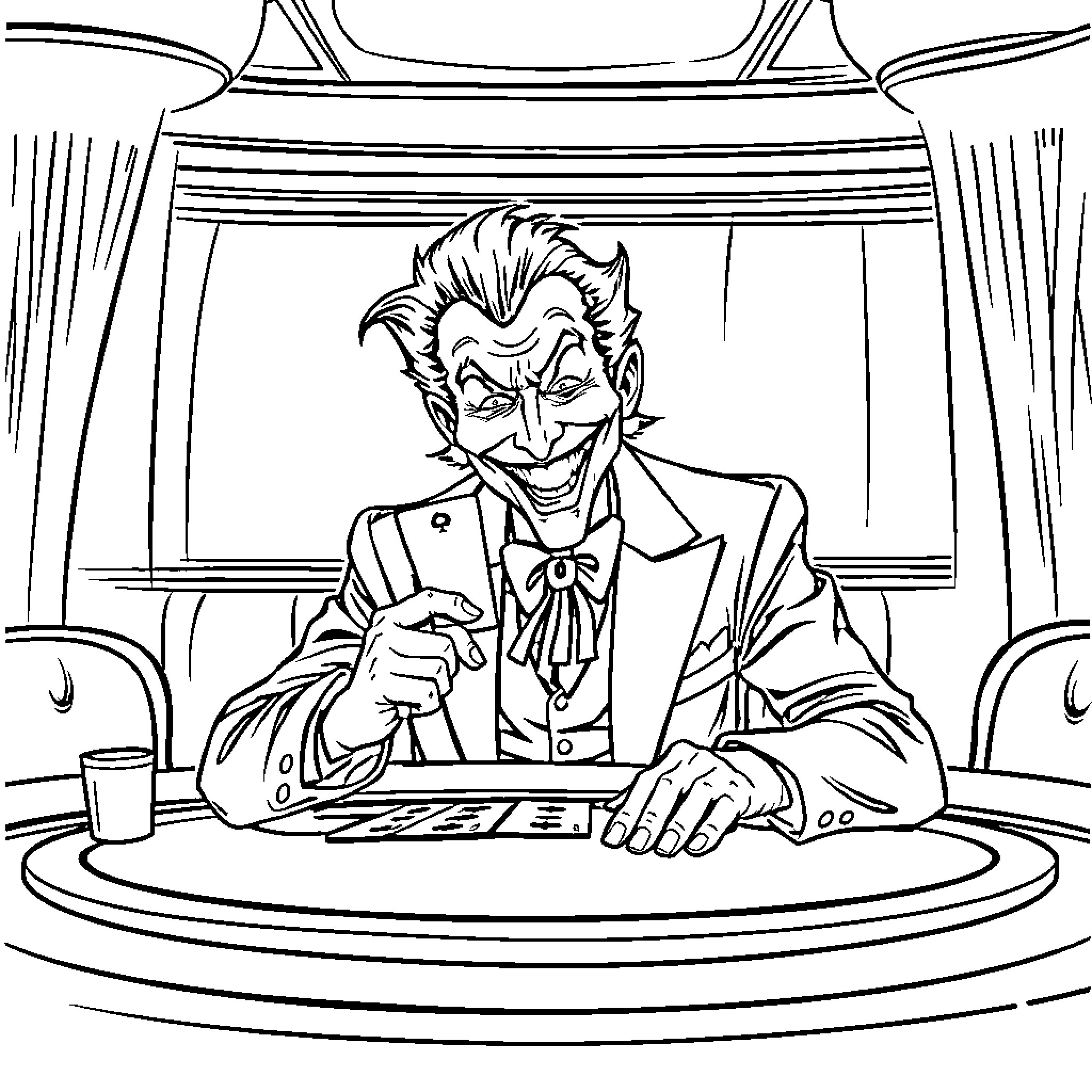 Joker's Mischievous Antics on Stage Coloring Page (free black-and-white line drawing printable PDF for all, from beginners to advanced learners, including children, teens, adults, and seniors)