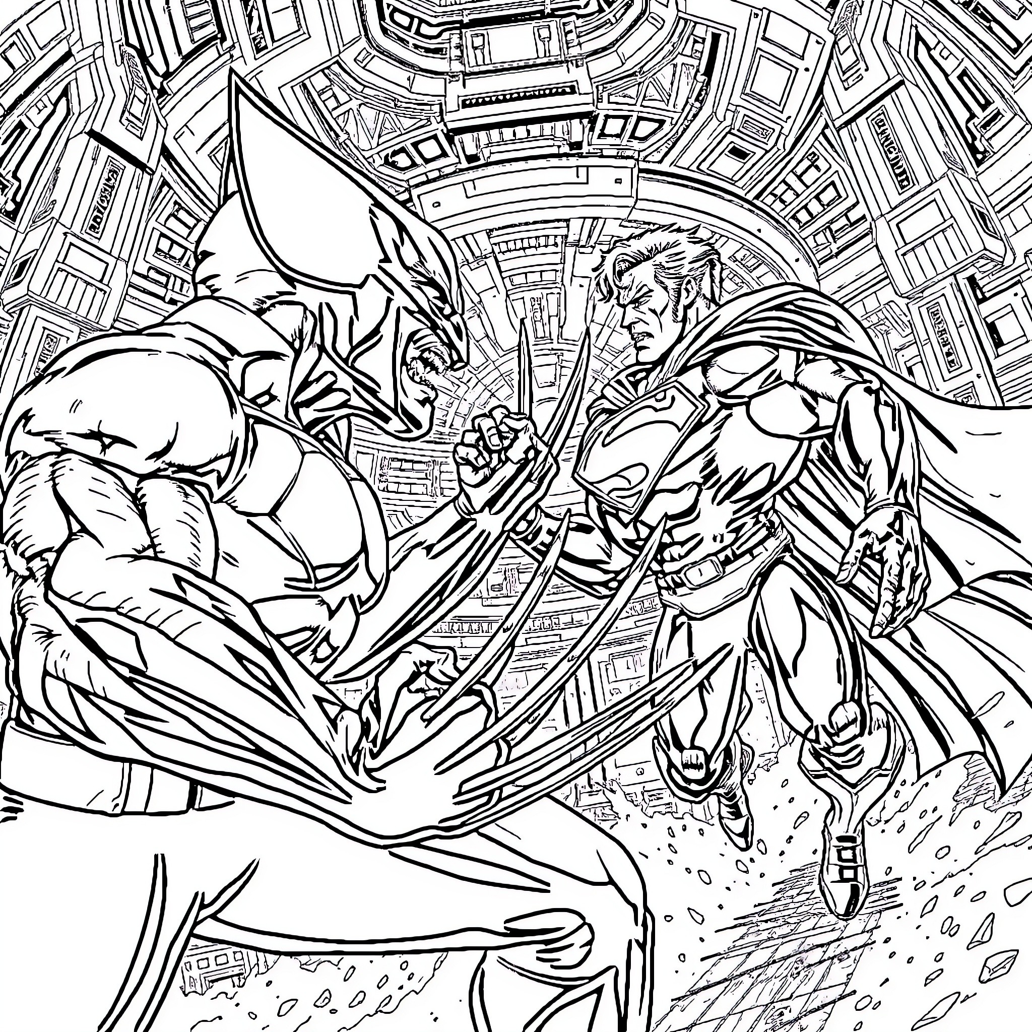 Wolverine battling with fierce adversary in sci-fi setting Coloring Page (free black-and-white line drawing printable PDF for all, from beginners to advanced learners, including children, teens, adults, and seniors)