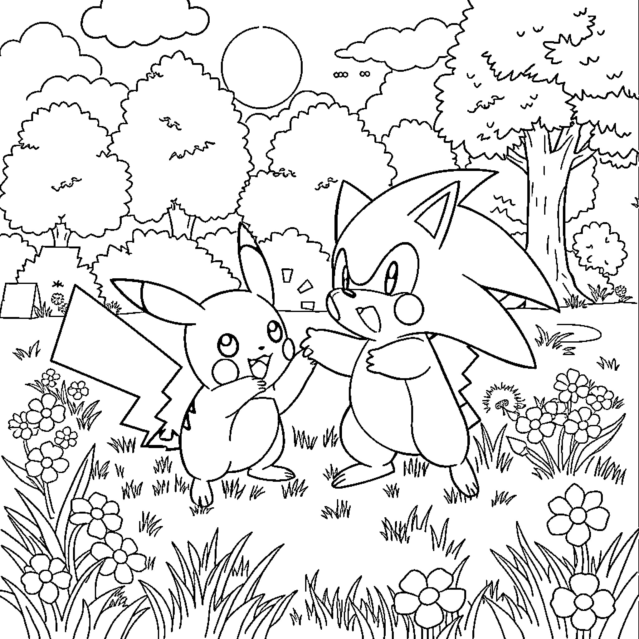 Pikachu playing with friends in a lush forest Coloring Page (free black-and-white line drawing printable PDF for all, from beginners to advanced learners, including children, teens, adults, and seniors)