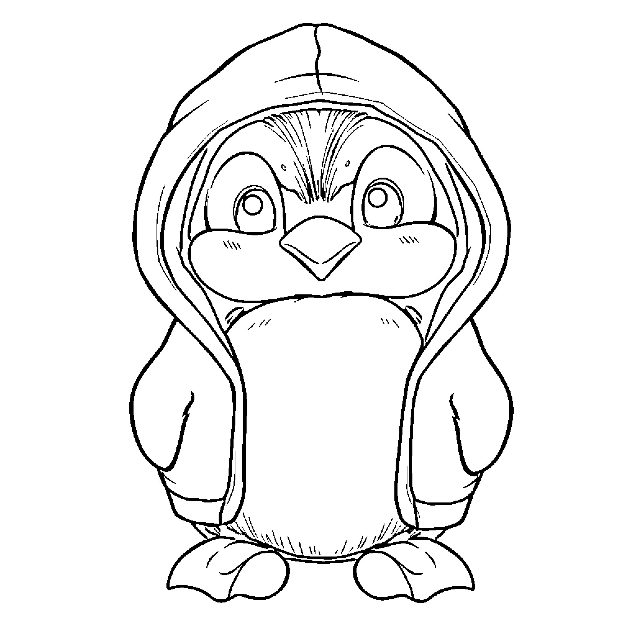 Penguin wearing a cozy hoodie Coloring Page (free black-and-white line drawing printable PDF for all, from beginners to advanced learners, including children, teens, adults, and seniors)