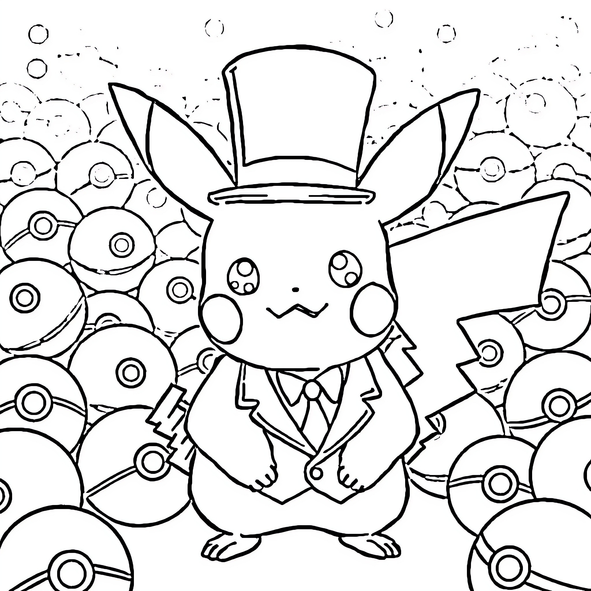 Pikachu wearing a top hat surrounded by Poke Balls Coloring Page (free black-and-white line drawing printable PDF for all, from beginners to advanced learners, including children, teens, adults, and seniors)