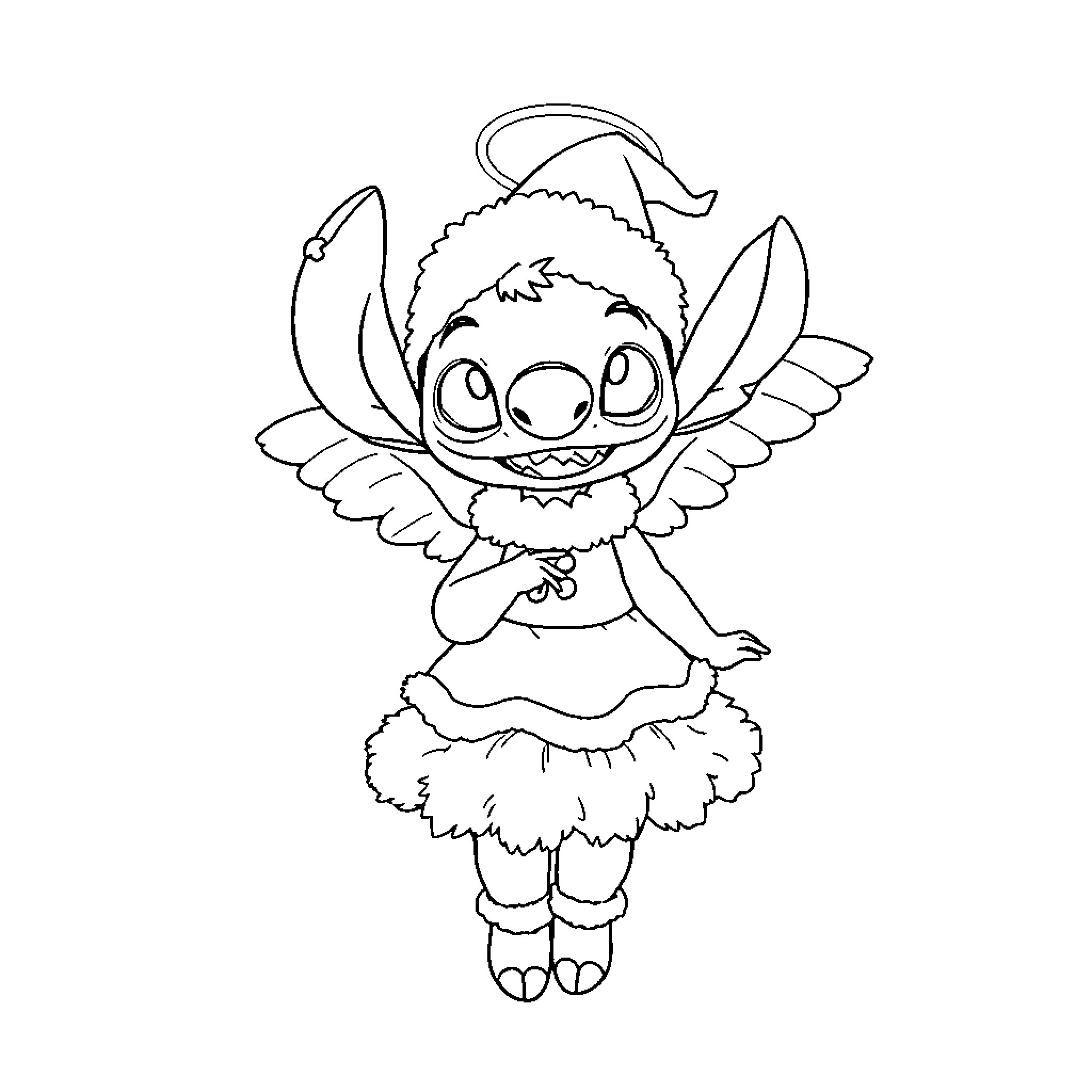 Angel wearing festive outfit with wings Coloring Page (free black-and-white line drawing printable PDF for all, from beginners to advanced learners, including children, teens, adults, and seniors)
