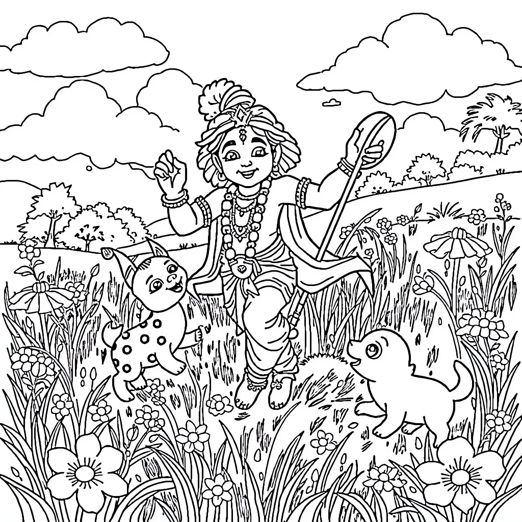 Krishna joyfully playing with animals in nature Coloring Page (free black-and-white line drawing printable PDF for all, from beginners to advanced learners, including children, teens, adults, and seniors)