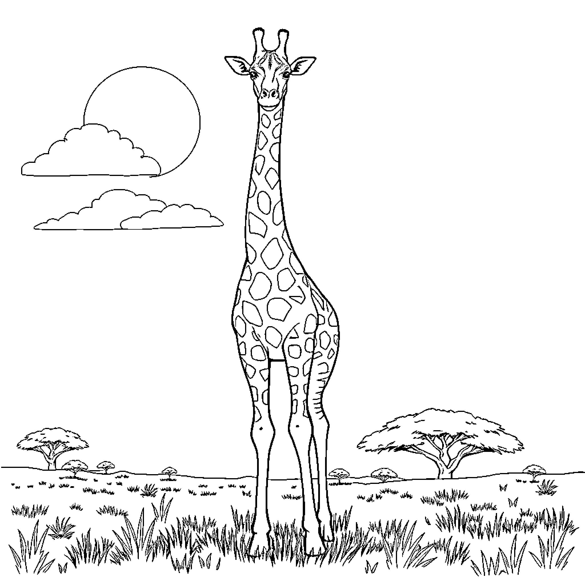 Giraffe standing tall in the African savanna Coloring Page (free black-and-white line drawing printable PDF for all, from beginners to advanced learners, including children, teens, adults, and seniors)