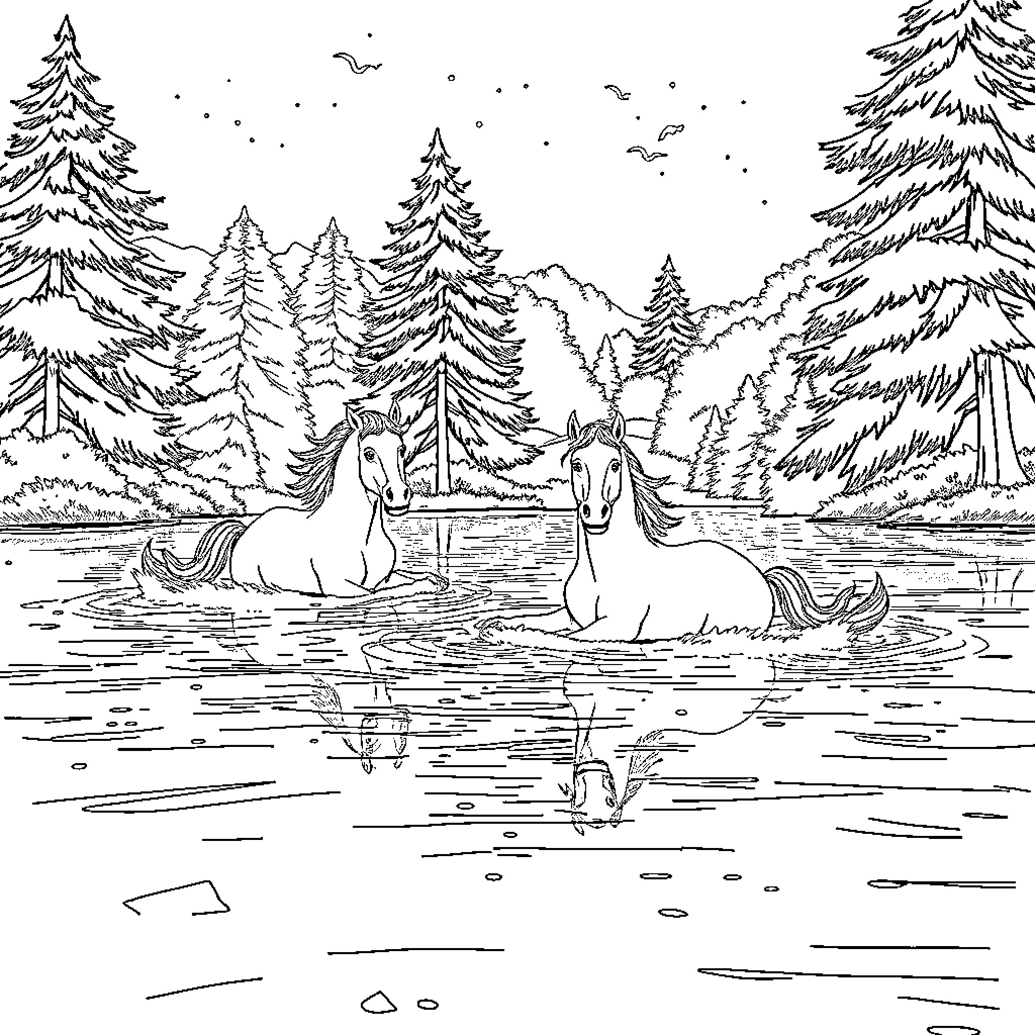 Horses relaxing in serene snowy forest landscape Coloring Page (free black-and-white line drawing printable PDF for all, from beginners to advanced learners, including children, teens, adults, and seniors)