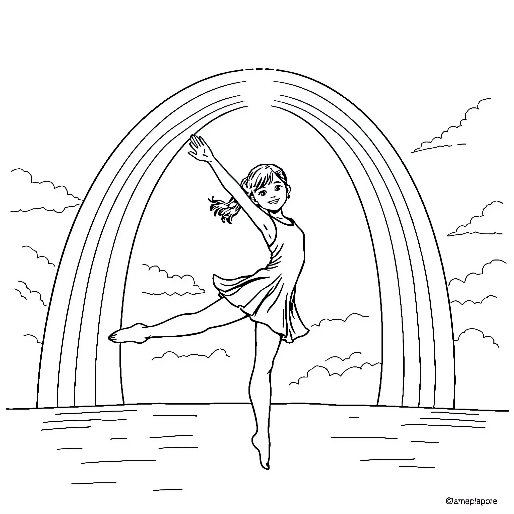 Girl Performing Graceful Dance Moves Coloring Page (free black-and-white line drawing printable PDF for all, from beginners to advanced learners, including children, teens, adults, and seniors)