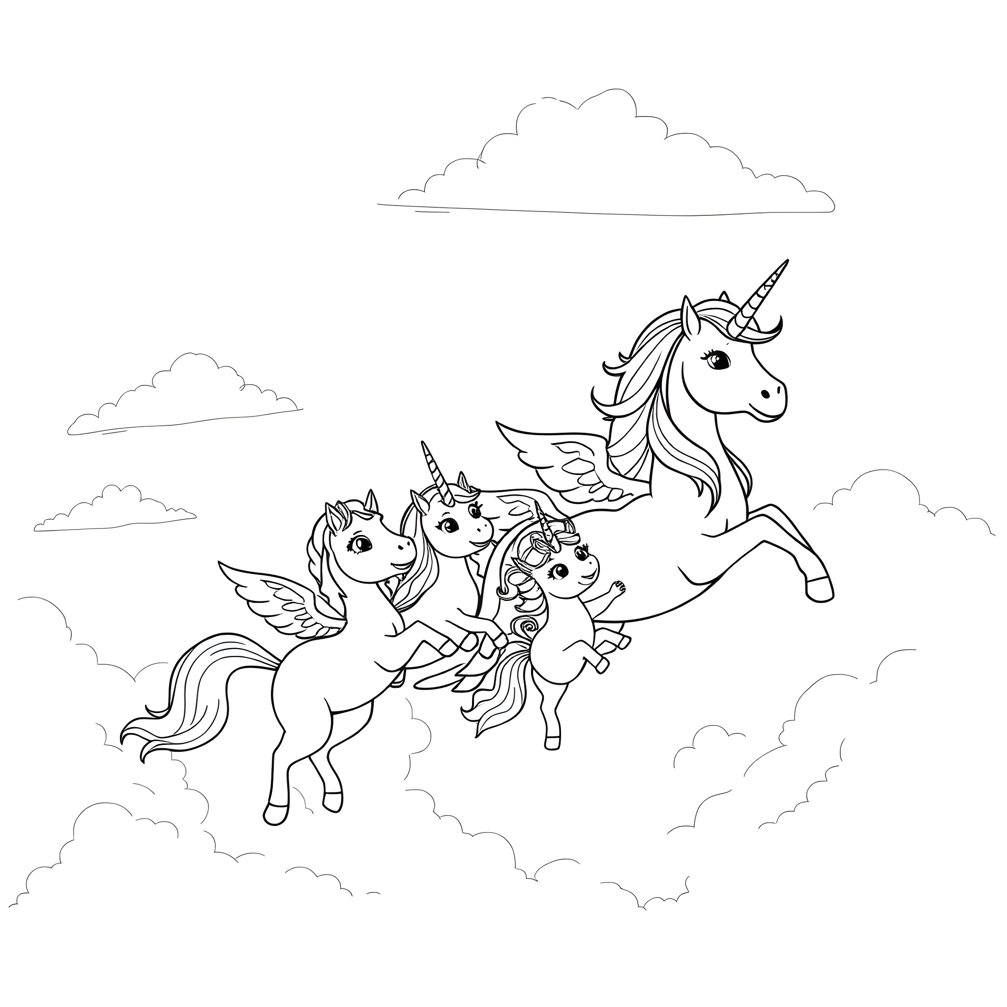 Unicorn family flying among the clouds Coloring Page (free black-and-white line drawing printable PDF for all, from beginners to advanced learners, including children, teens, adults, and seniors)