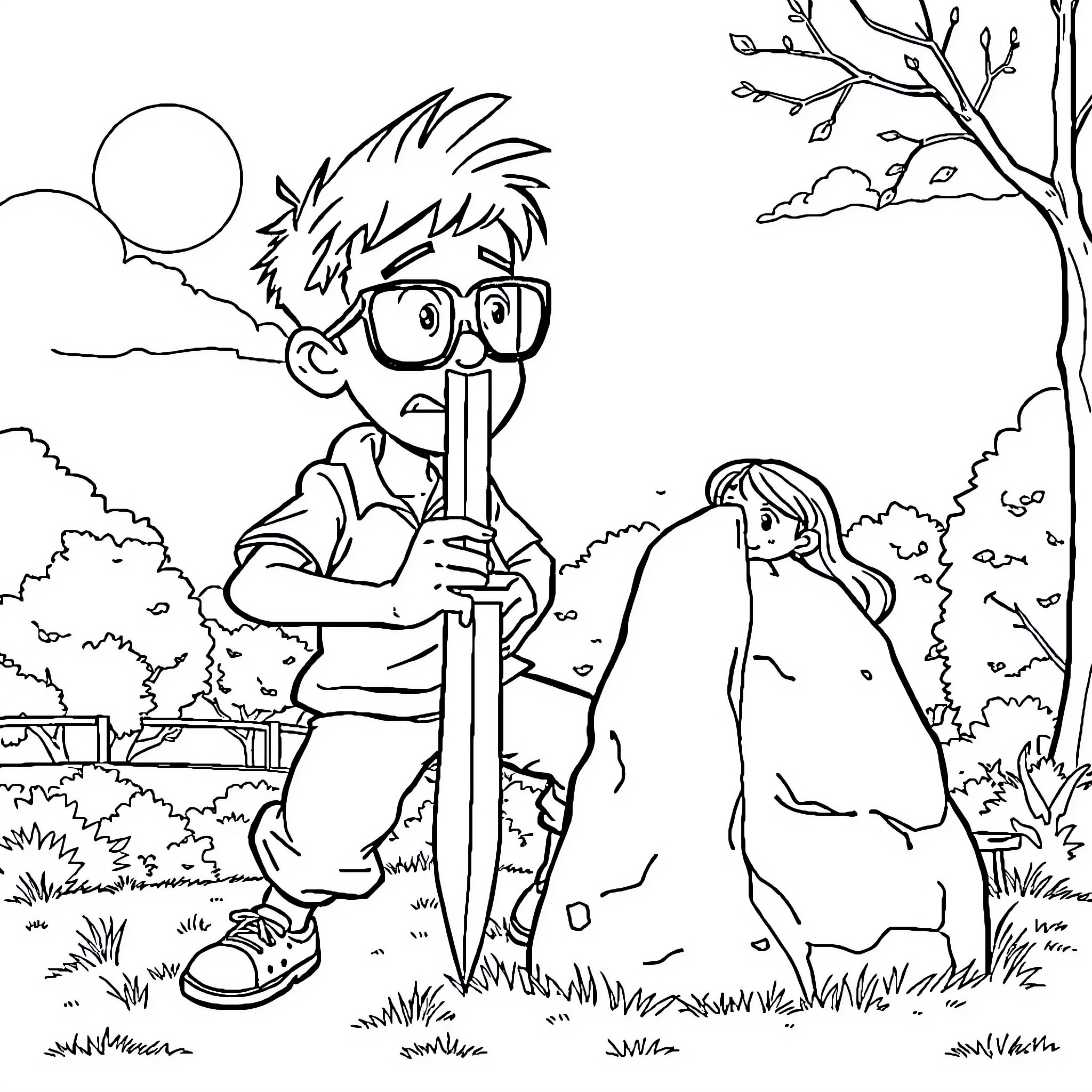 Nerd exploring the outdoors with a companion Coloring Page (free black-and-white line drawing printable PDF for all, from beginners to advanced learners, including children, teens, adults, and seniors)