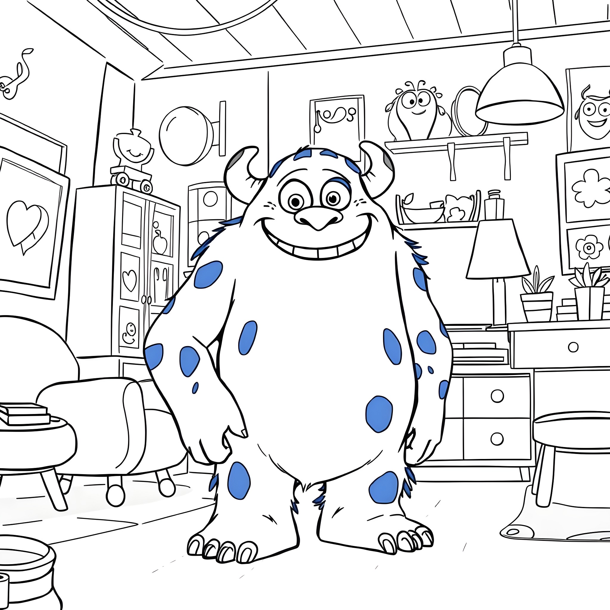 Sulley the Friendly Monster in a Cozy Home Coloring Page (free black-and-white line drawing printable PDF for all, from beginners to advanced learners, including children, teens, adults, and seniors)