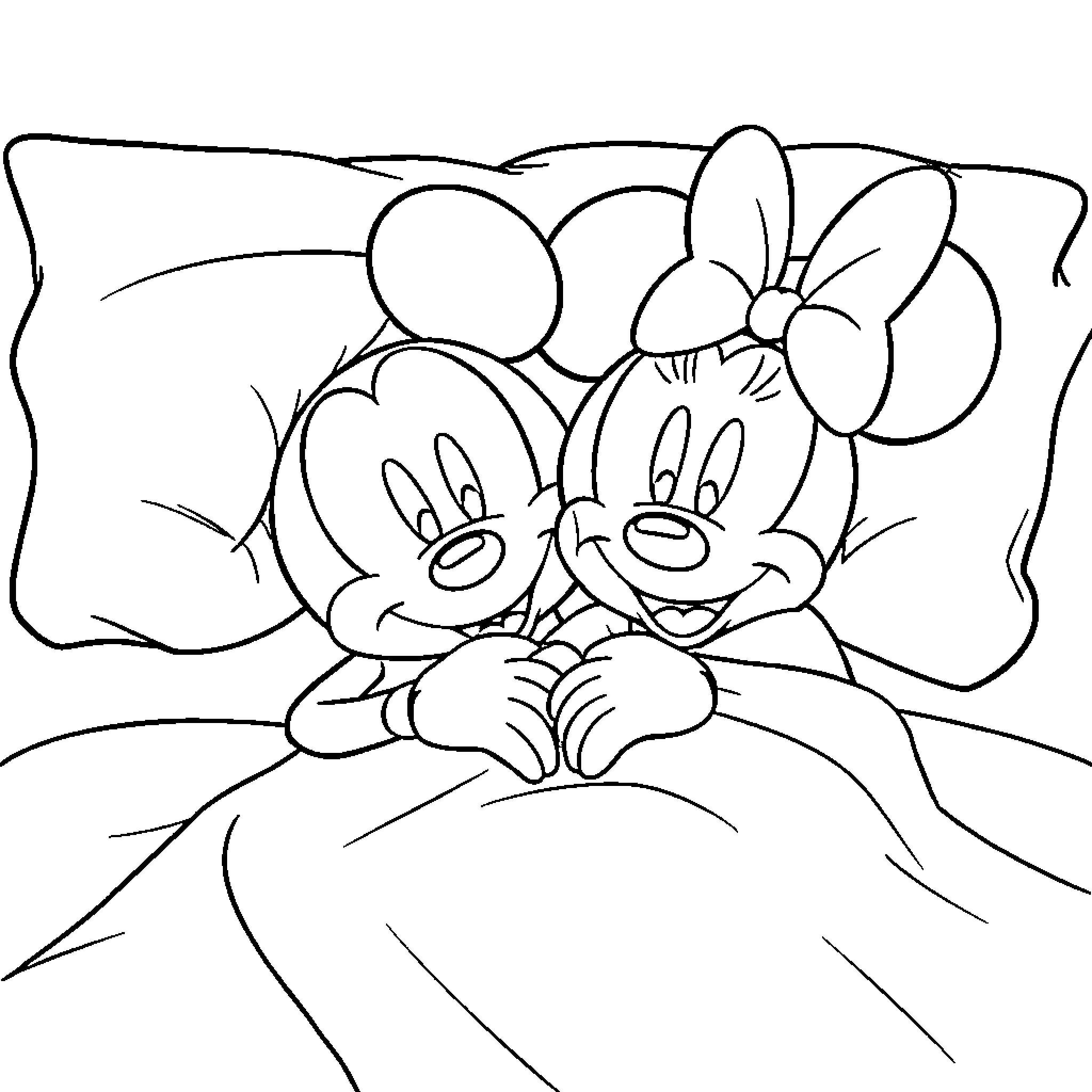 Mickey and Minnie cuddling sweetly Coloring Page (free black-and-white line drawing printable PDF for all, from beginners to advanced learners, including children, teens, adults, and seniors)