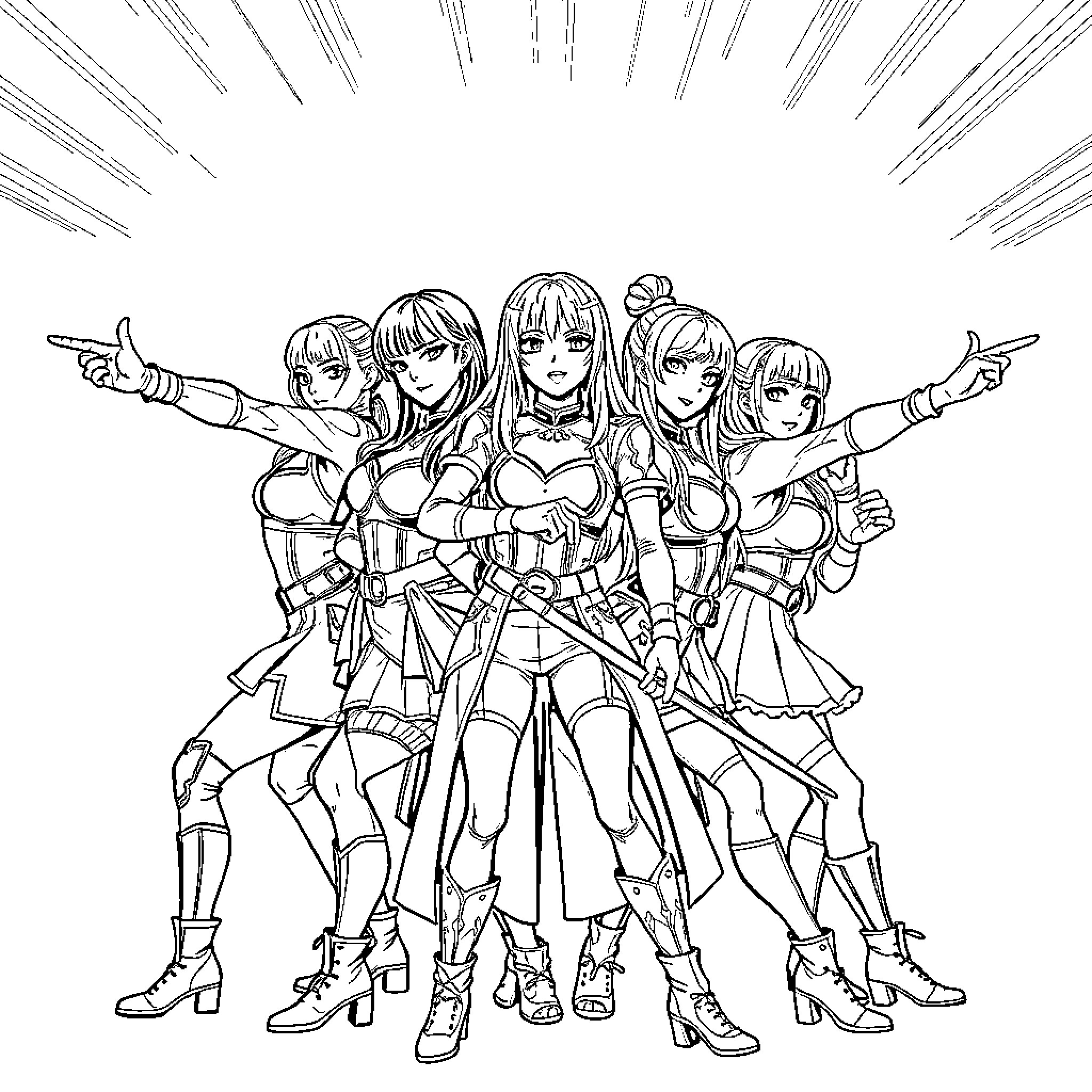 K Pop Warrior Ensemble - Fierce and Empowered Coloring Page (free black-and-white line drawing printable PDF for all, from beginners to advanced learners, including children, teens, adults, and seniors)
