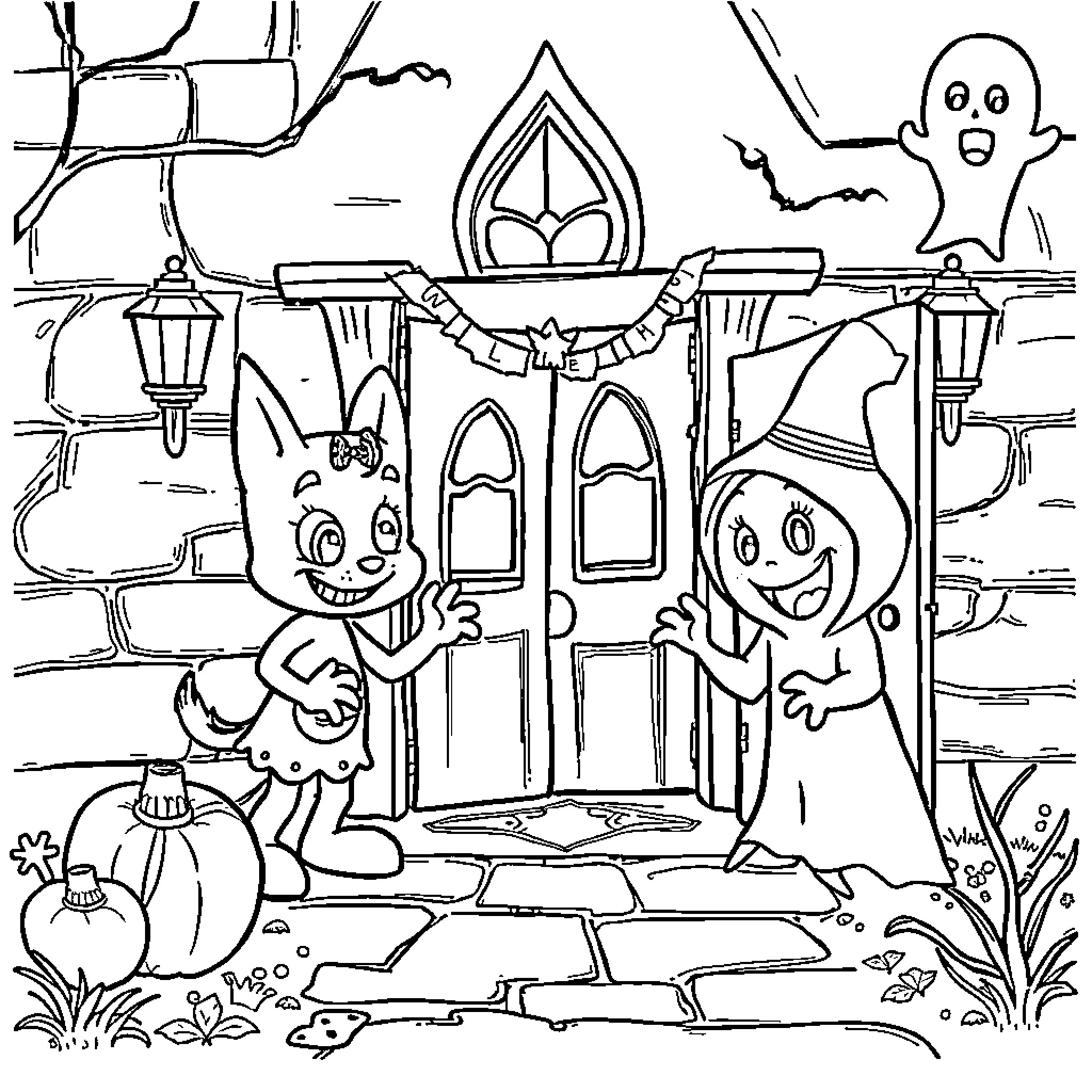 Bluey's Spooky Halloween Adventure Coloring Page (free black-and-white line drawing printable PDF for all, from beginners to advanced learners, including children, teens, adults, and seniors)
