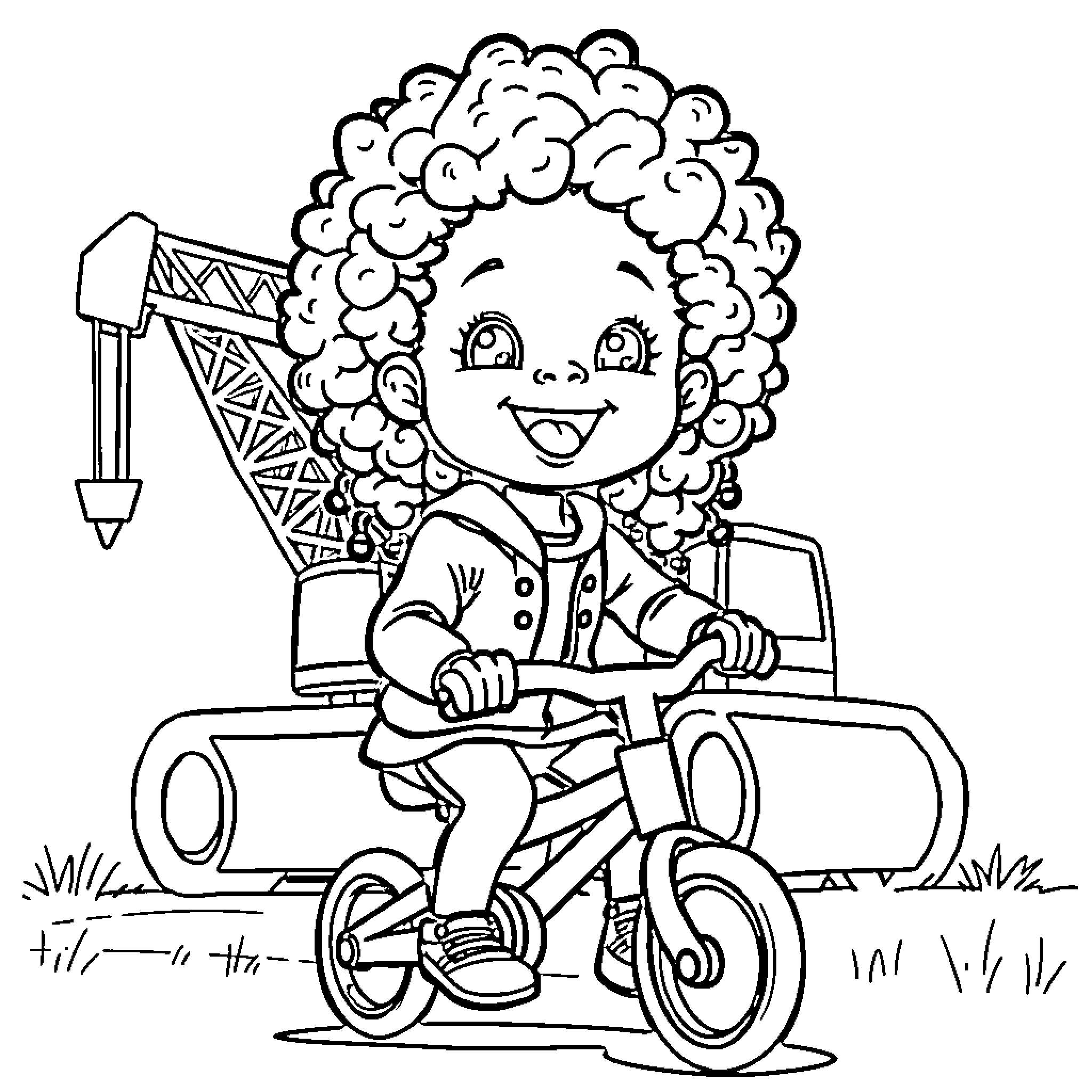 Girl happily riding bicycle near construction site Coloring Page (free black-and-white line drawing printable PDF for all, from beginners to advanced learners, including children, teens, adults, and seniors)