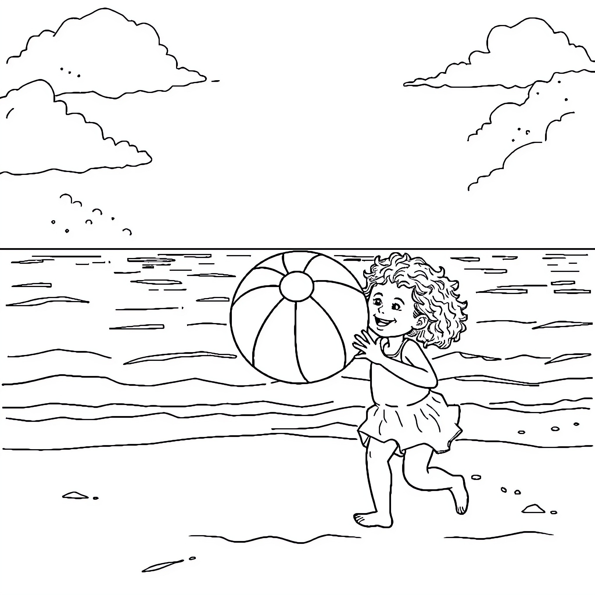 Dad playing with beach ball in the ocean Coloring Page (free black-and-white line drawing printable PDF for all, from beginners to advanced learners, including children, teens, adults, and seniors)
