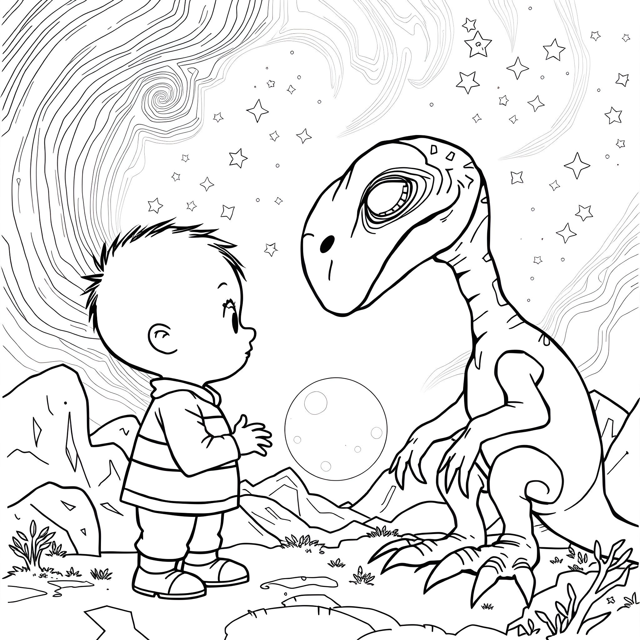 Caillou exploring the night sky with a dinosaur friend Coloring Page (free black-and-white line drawing printable PDF for all, from beginners to advanced learners, including children, teens, adults, and seniors)
