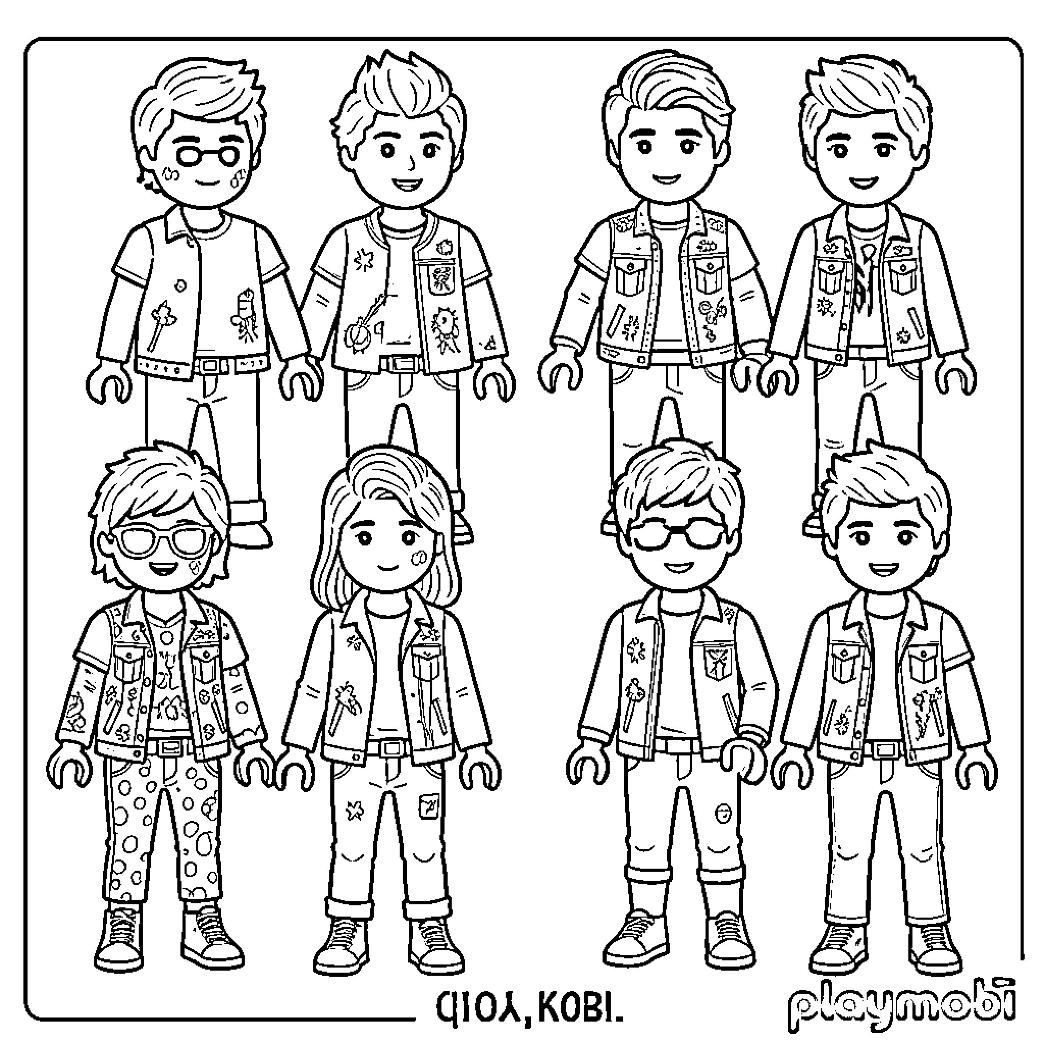 One Direction band members posing in casual outfits Coloring Page (free black-and-white line drawing printable PDF for all, from beginners to advanced learners, including children, teens, adults, and seniors)