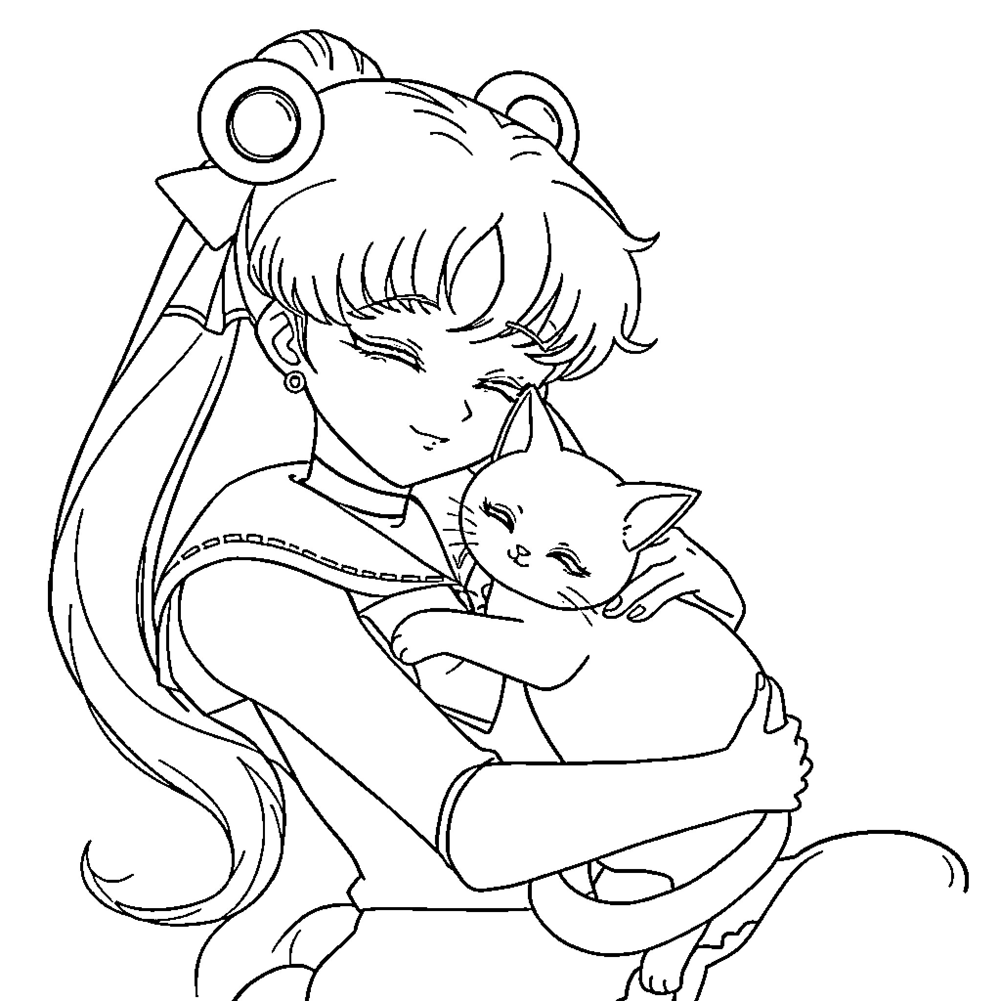 Sailormoon comforting a small cat Coloring Page (free black-and-white line drawing printable PDF for all, from beginners to advanced learners, including children, teens, adults, and seniors)