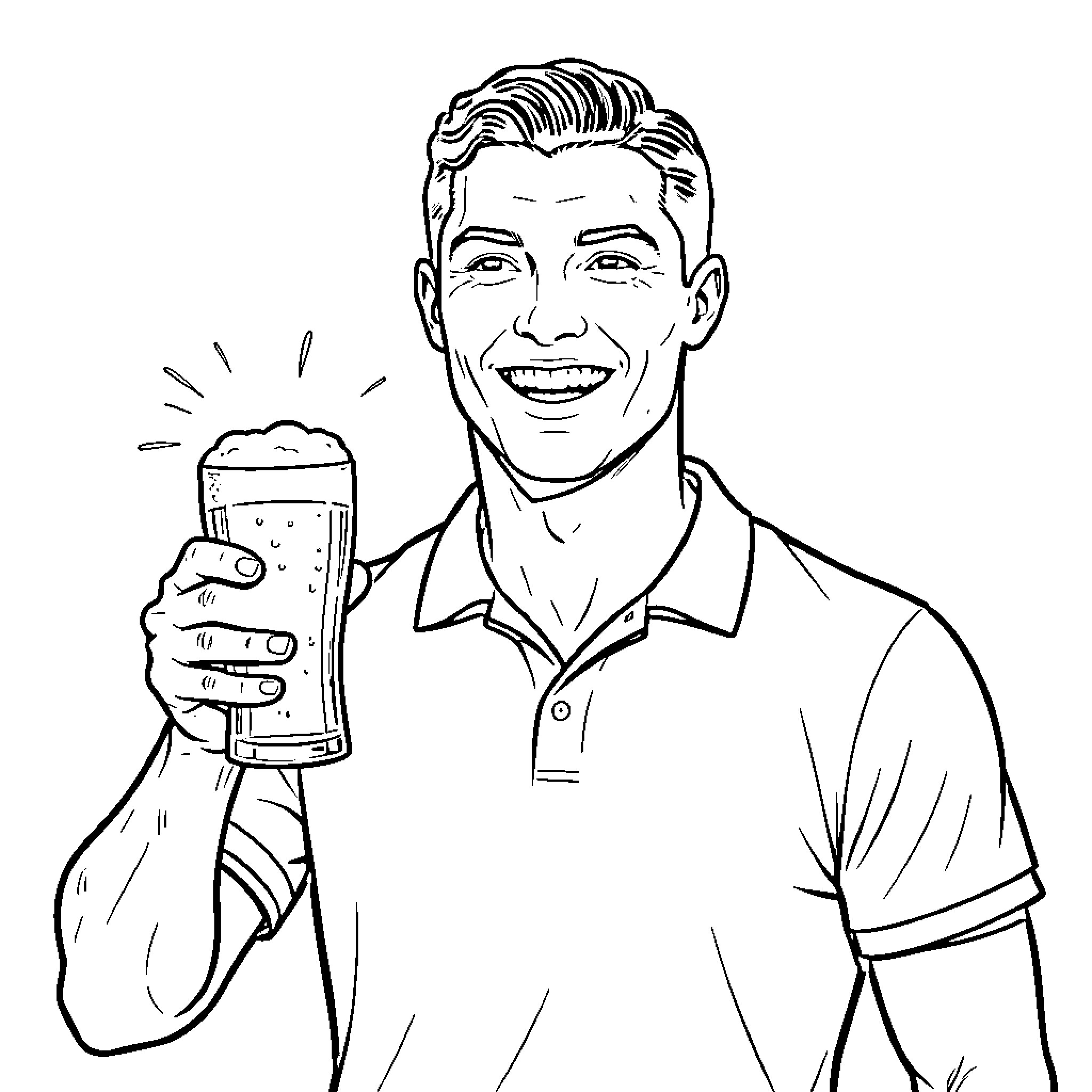 Ronaldo smiling while holding a tall glass of beer Coloring Page (free black-and-white line drawing printable PDF for all, from beginners to advanced learners, including children, teens, adults, and seniors)