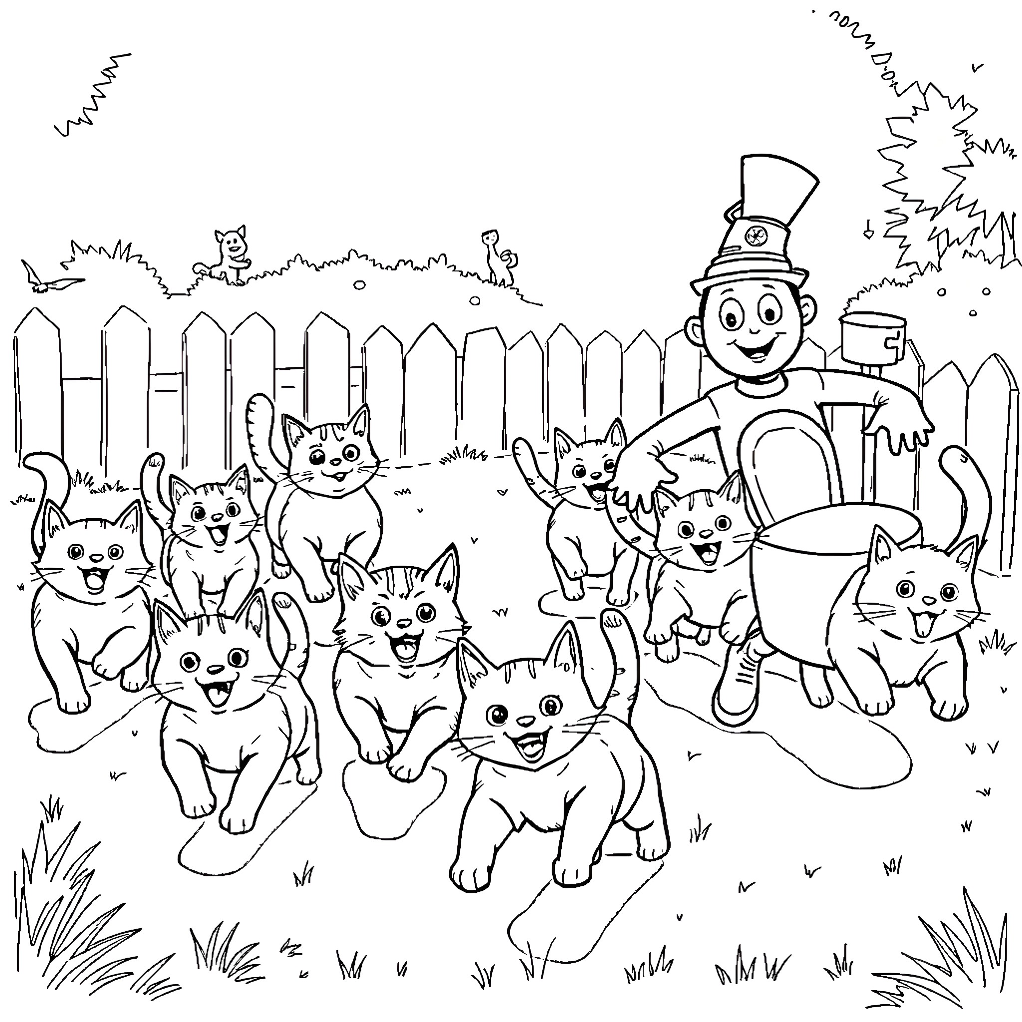 Cat and friends explore the backyard together Coloring Page (free black-and-white line drawing printable PDF for all, from beginners to advanced learners, including children, teens, adults, and seniors)